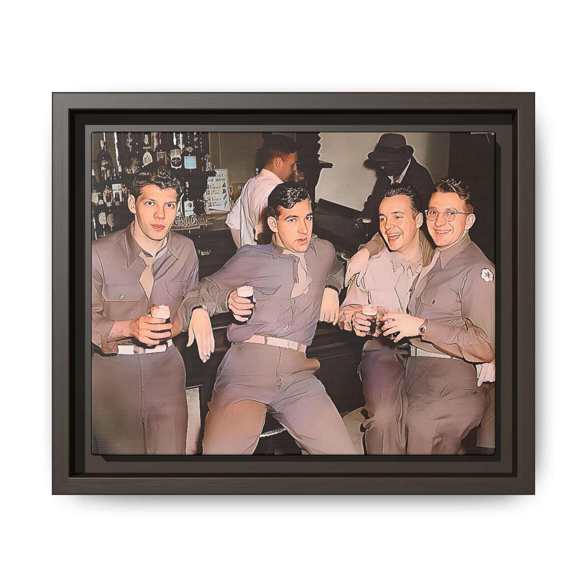 Restored vintage photograph of soldiers in uniform gathered at Jackson's gay bar in mid-20th century San Francisco. Framed matte canvas print celebrating camaraderie, resilience, and LGBTQ+ history