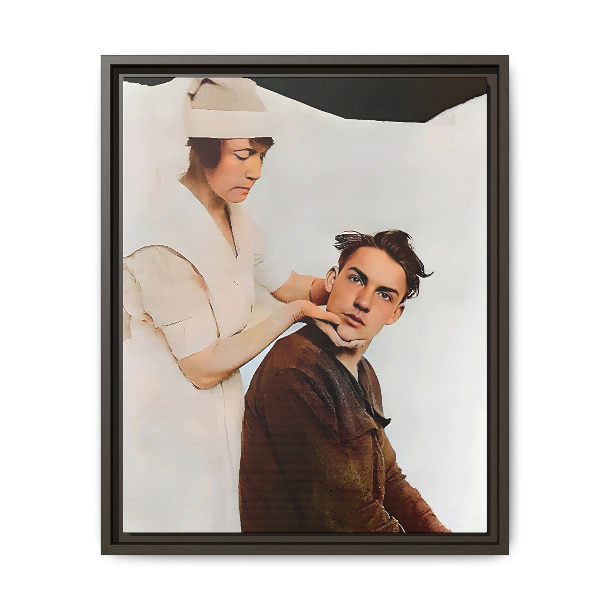 A restored vintage portrait of Dillion in Salt Lake City, Utah. This framed matte canvas captures human connection, care, and resilience. Gay Conversion Therapy