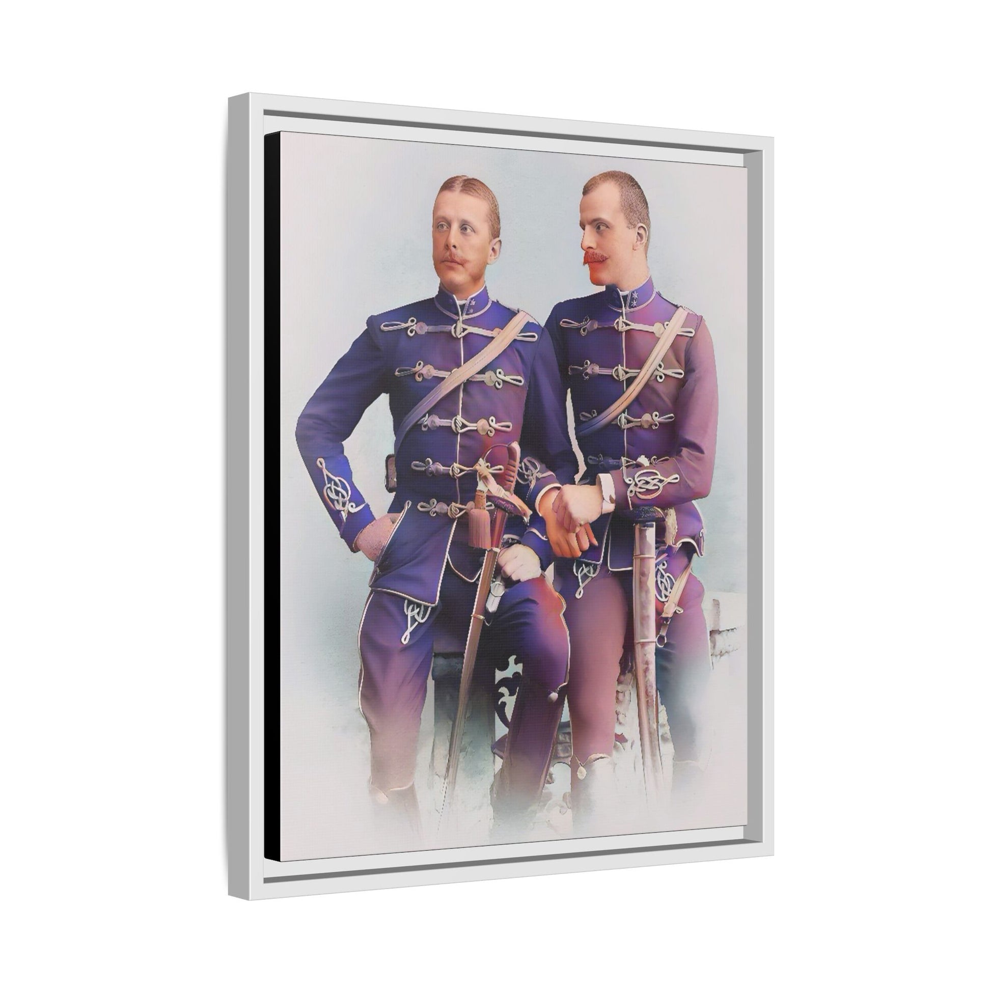 A restored vintage military portrait of Nicolae & Valeriu, elegantly framed to honor LGBTQ+ history and love.
