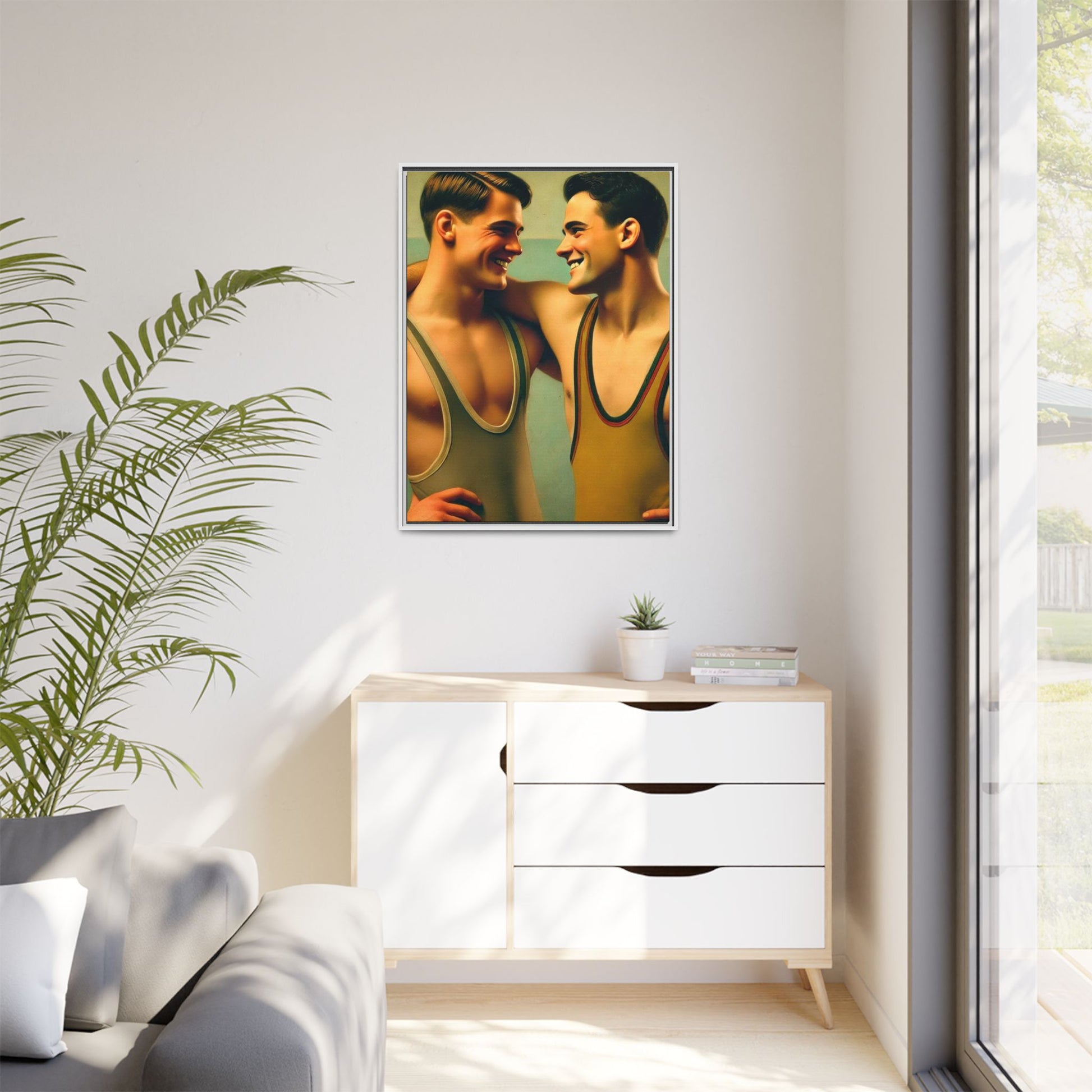 Framed artwork of two young wrestlers in vintage singlets sharing a candid moment, inspired by Grant Wood's Regionalist art style.