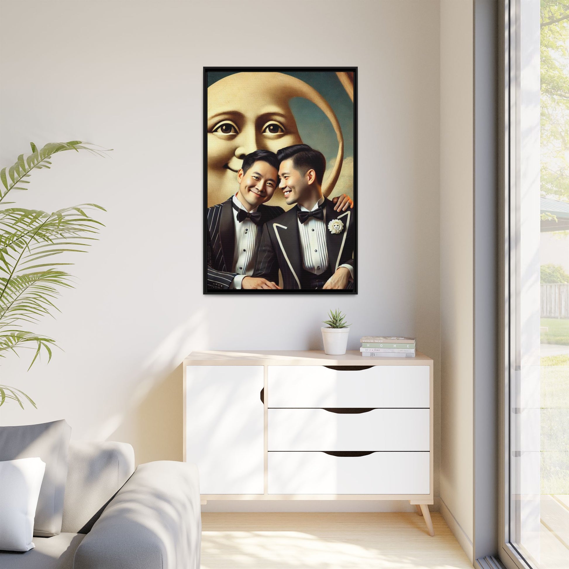 Framed matte canvas featuring a joyful queer Asian couple in tuxedos standing beneath a crescent moon. This artwork, part of the Missing Art Studies series, reimagines erased queer histories with warmth, dignity, and vintage-inspired style.