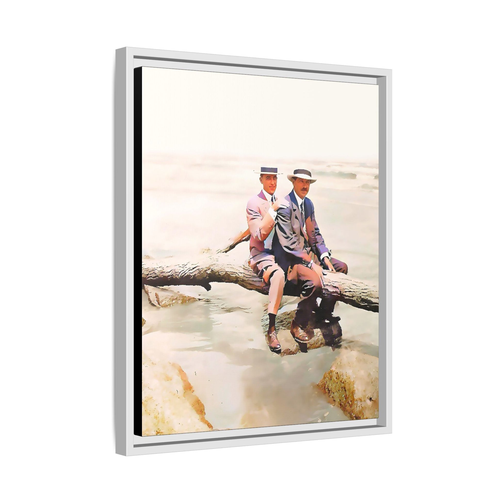 A restored vintage riverside portrait of Edward & Walter in Danbury, Connecticut. This framed matte canvas honors LGBTQ+ history, elegance, and timeless companionship. Gay Couple