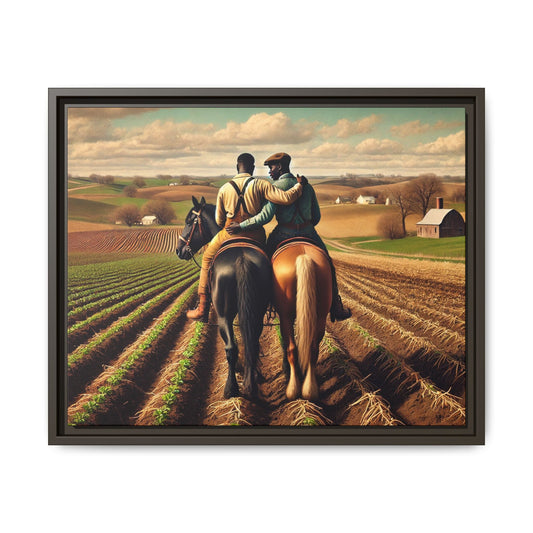 Artwork of an African-American gay couple riding horseback through expansive farmland, sharing a tender moment as they overlook lush fields. Dressed in rugged vintage attire, this scene captures resilience, love, and the charm of rural life, celebrating LGBTQ+ history and African-American heritage.