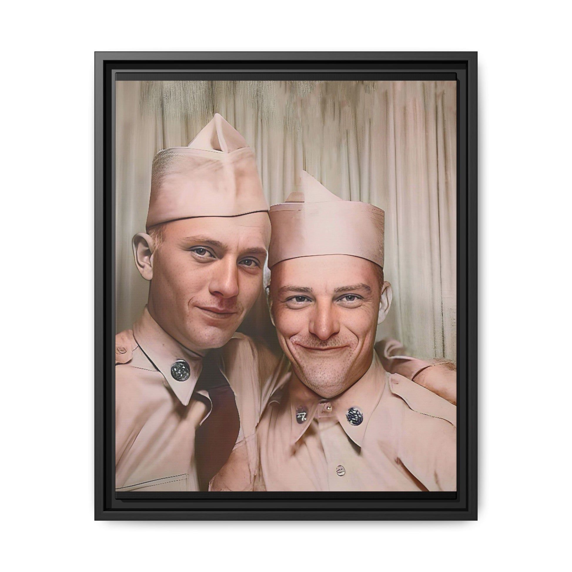 A framed vintage army portrait on matte canvas featuring two soldiers at Puget Sound Naval Shipyard, symbolizing friendship and service. Gay Couple Photo Booth