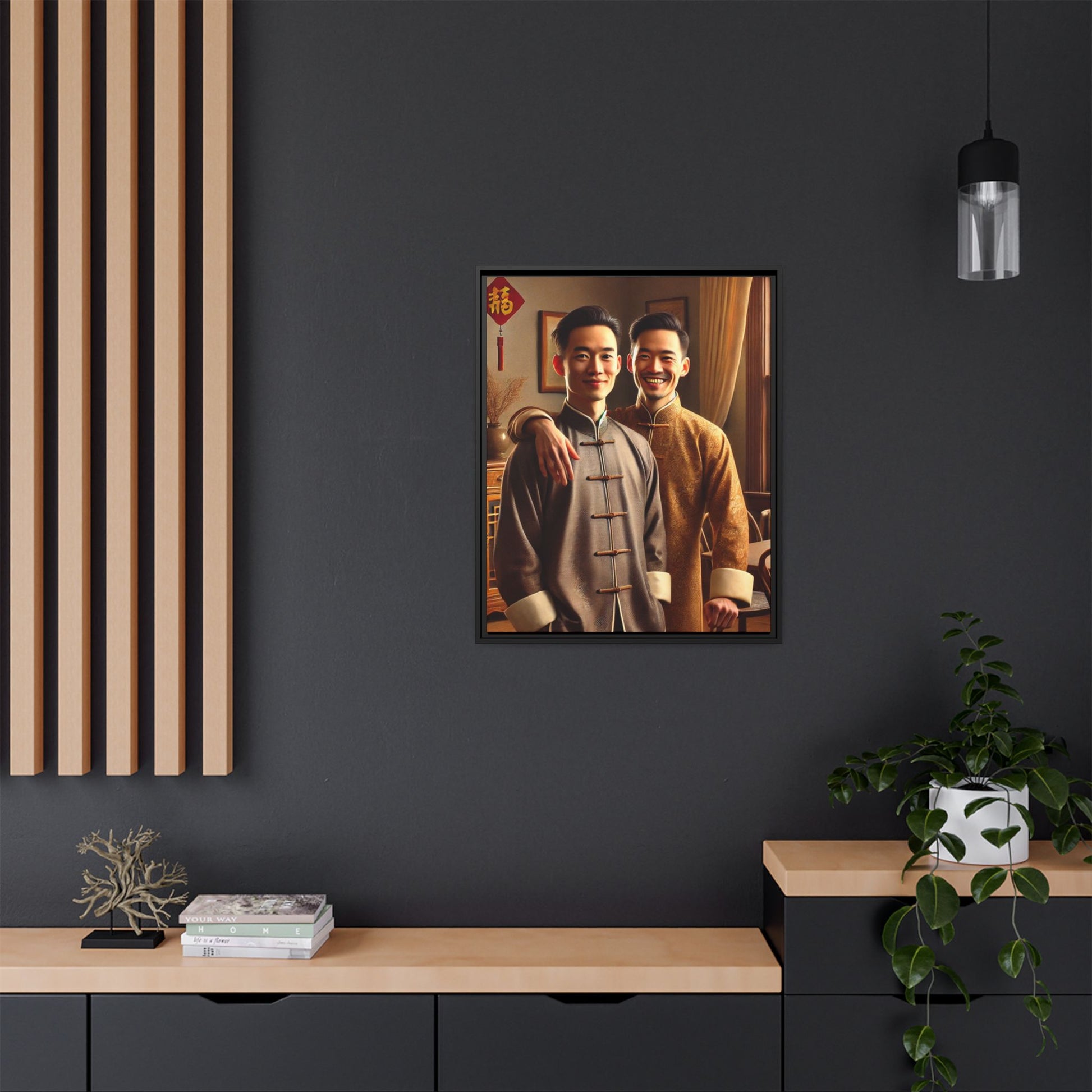 Artwork featuring a joyful portrait of a Chinese queer couple celebrating Chinese New Year in traditional attire. Set in a cozy American home adorned with subtle decorations, this image captures love, cultural pride, and warmth, blending Chinese heritage with a Midwestern setting