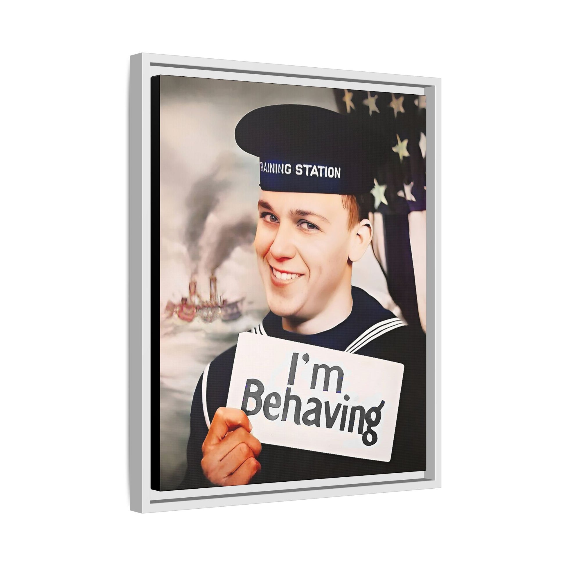 A vintage U.S. Navy sailor portrait featuring Carl at the Washington Navy Yard, grinning while holding a card reading "I'm Behaving." This framed matte canvas print is a charming mix of humor and military history, perfect for collectors and veterans.