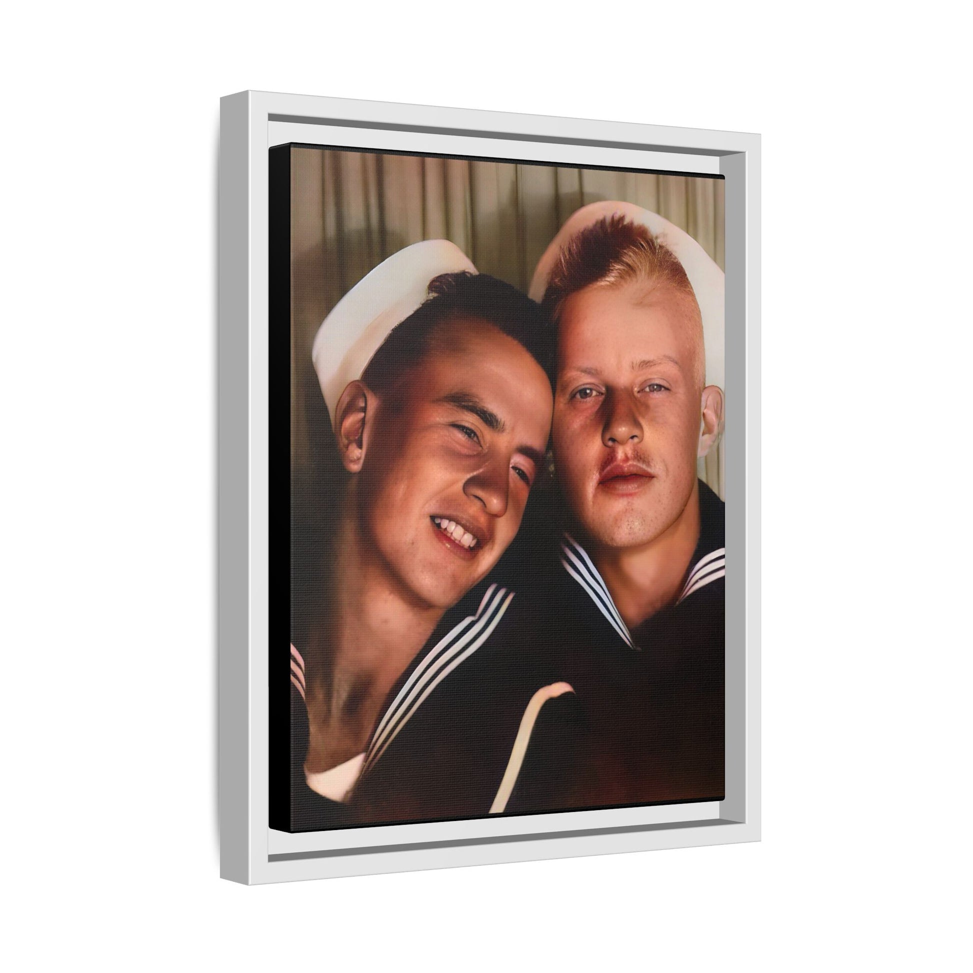 A framed vintage sailor portrait on matte canvas featuring Ray and Clyde in Newport, Rhode Island, capturing timeless LGBTQ+ love and companionship. Gay Couple Photo Booth