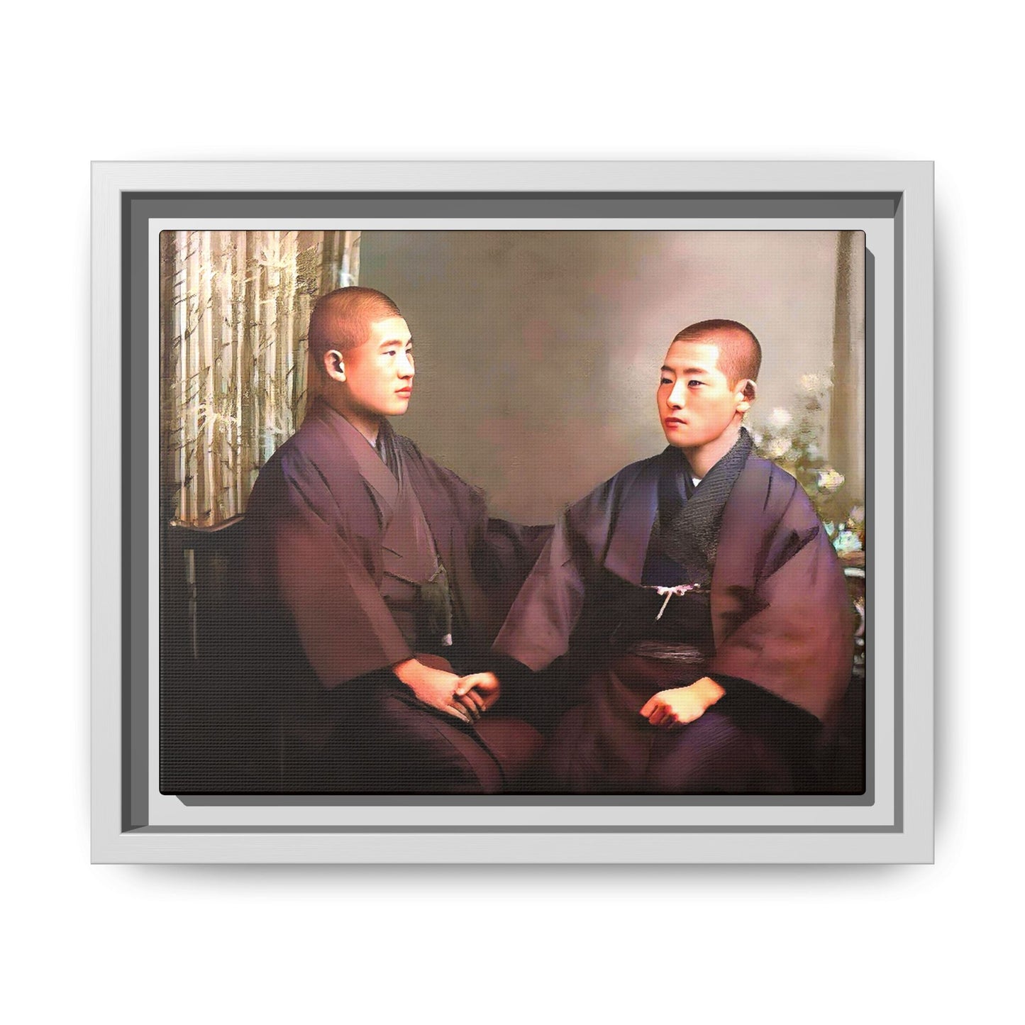 A vintage portrait of Hiroto & Atsushi in Kyoto, Japan. This framed matte canvas celebrates LGBTQ+ love, cultural heritage, and timeless elegance, making it a unique and meaningful art piece for collectors and history enthusiasts. Gay Couple
