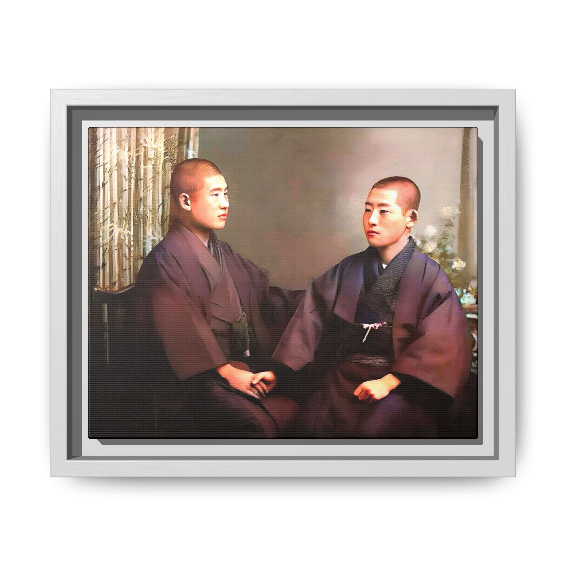 A vintage portrait of Hiroto & Atsushi in Kyoto, Japan. This framed matte canvas celebrates LGBTQ+ love, cultural heritage, and timeless elegance, making it a unique and meaningful art piece for collectors and history enthusiasts. Gay Couple