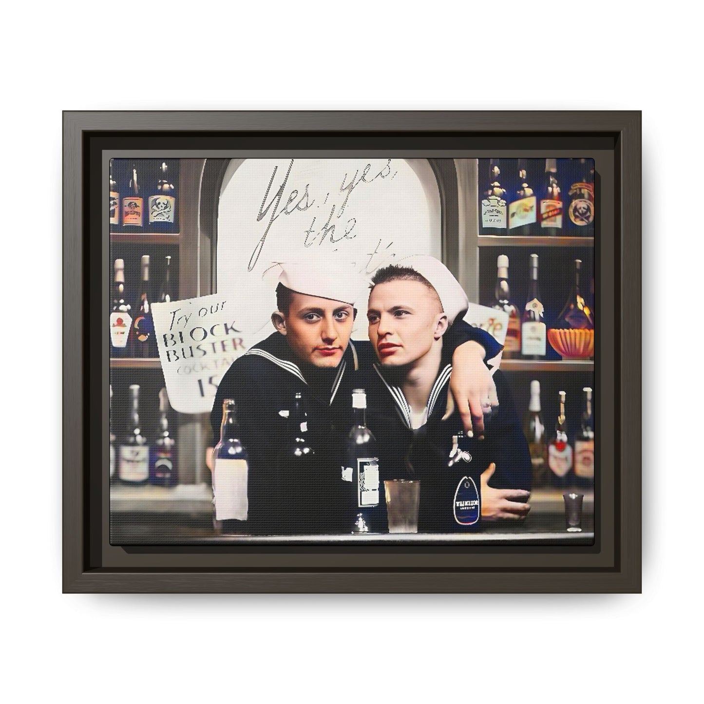 A restored vintage photo of Matt & Cory at Naval Air Station Alameda, CA. This framed matte canvas print captures camaraderie, LGBTQ+ history, and the spirit of military service, making it a unique and nostalgic keepsake for history lovers. Gay Couple Sailors