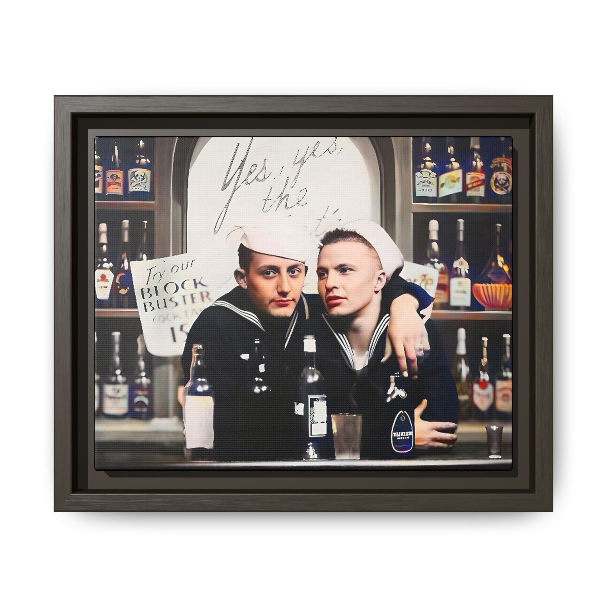 A restored vintage photo of Matt & Cory at Naval Air Station Alameda, CA. This framed matte canvas print captures camaraderie, LGBTQ+ history, and the spirit of military service, making it a unique and nostalgic keepsake for history lovers. Gay Couple Sailors