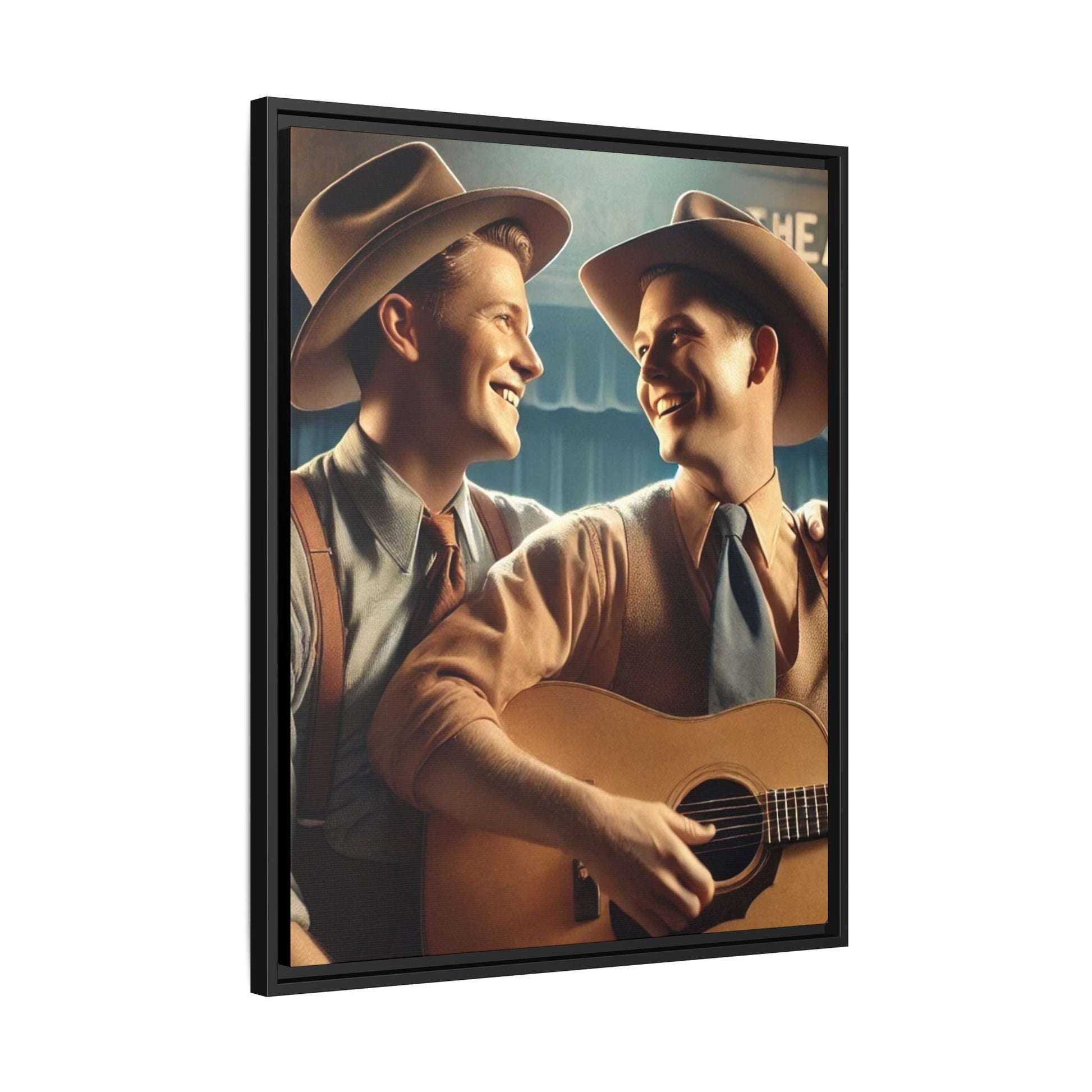 Artwork of a gay couple recording a country-western song in a 1930s-style studio. Dressed in classic Western attire with wide-brimmed hats and button-up shirts, the two men share an affectionate gaze, capturing love and unity in a nostalgic, vintage setting.