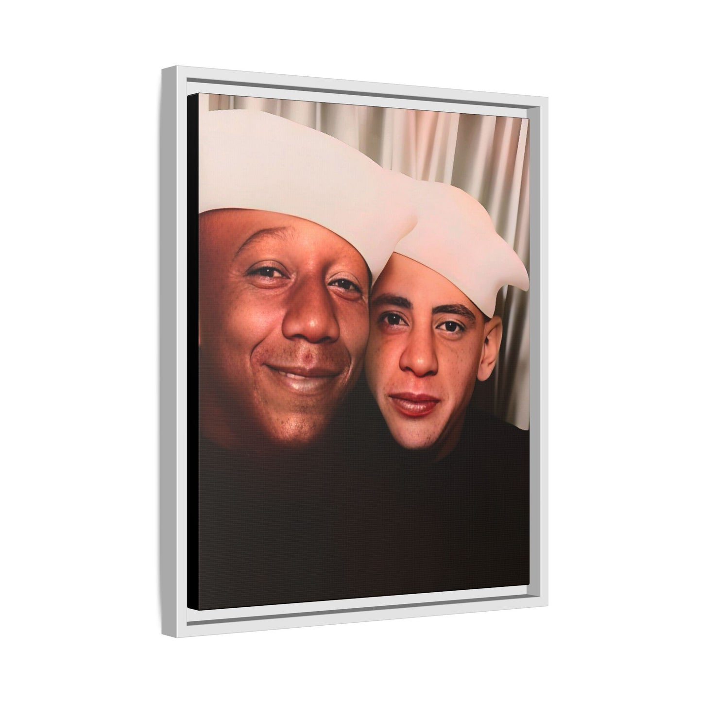 Restored vintage photo of Arthur & Marvin, WWII-era gay sailors in a photo booth, Daytona Beach FL, framed canvas art.