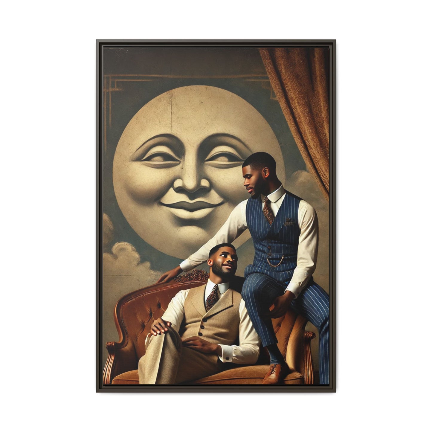 An elegant portrait of two Black men in vintage suits, seated affectionately beneath a smiling full moon. This 1920s-inspired artwork reclaims lost LGBTQ history, honoring Black queer love through style, softness, and resilience.