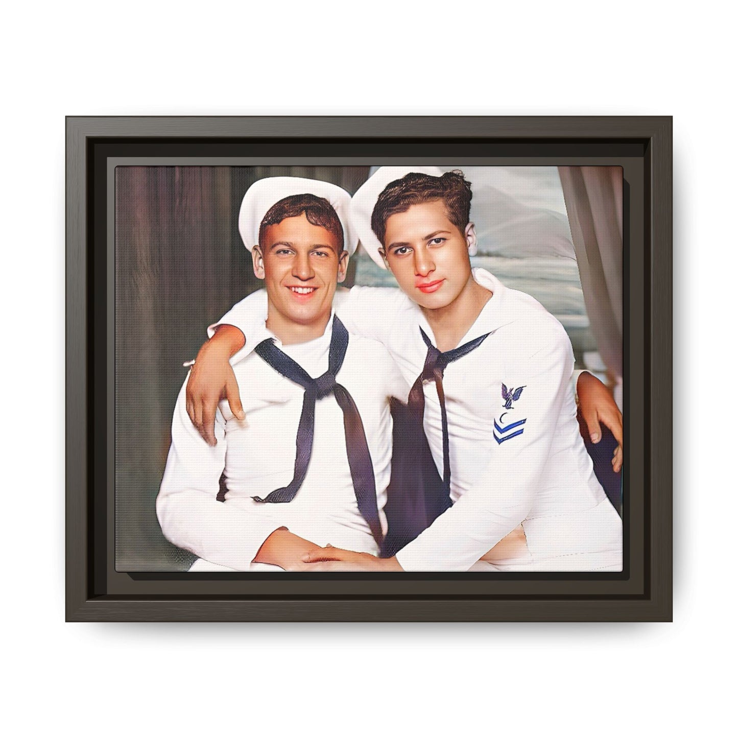 A restored vintage Navy portrait of Kenny and William at Fort Lee, Virginia. This framed matte canvas print honors military camaraderie, resilience, and LGBTQ+ history with a timeless tribute to friendship and love. Gay Couple Sailors Navy