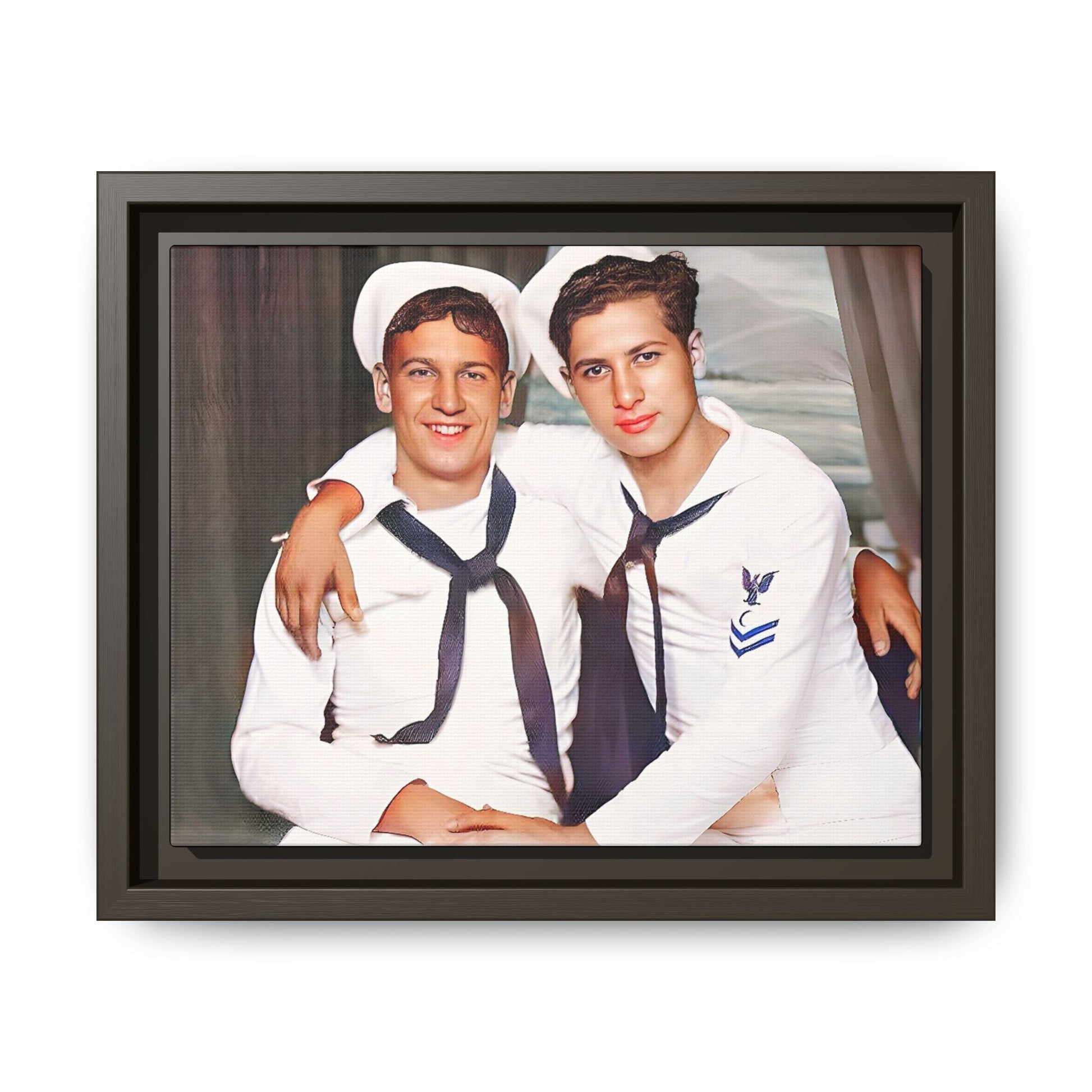A restored vintage Navy portrait of Kenny and William at Fort Lee, Virginia. This framed matte canvas print honors military camaraderie, resilience, and LGBTQ+ history with a timeless tribute to friendship and love. Gay Couple Sailors Navy