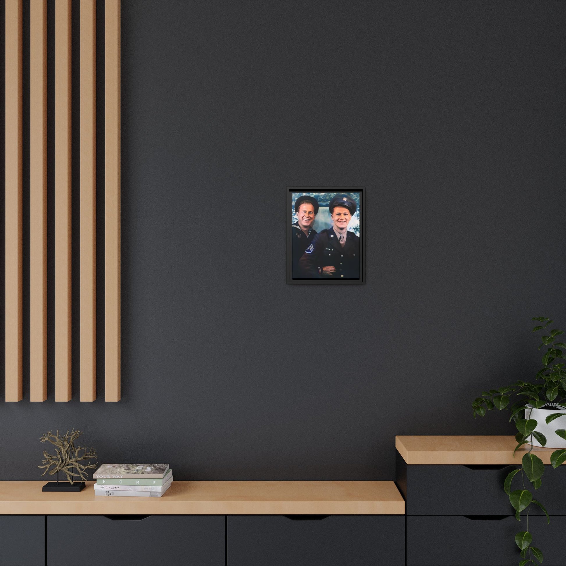 A framed vintage military portrait on matte canvas featuring a sailor and a soldier in Scapa Flow, Scotland, symbolizing service and camaraderie. Gay Couple