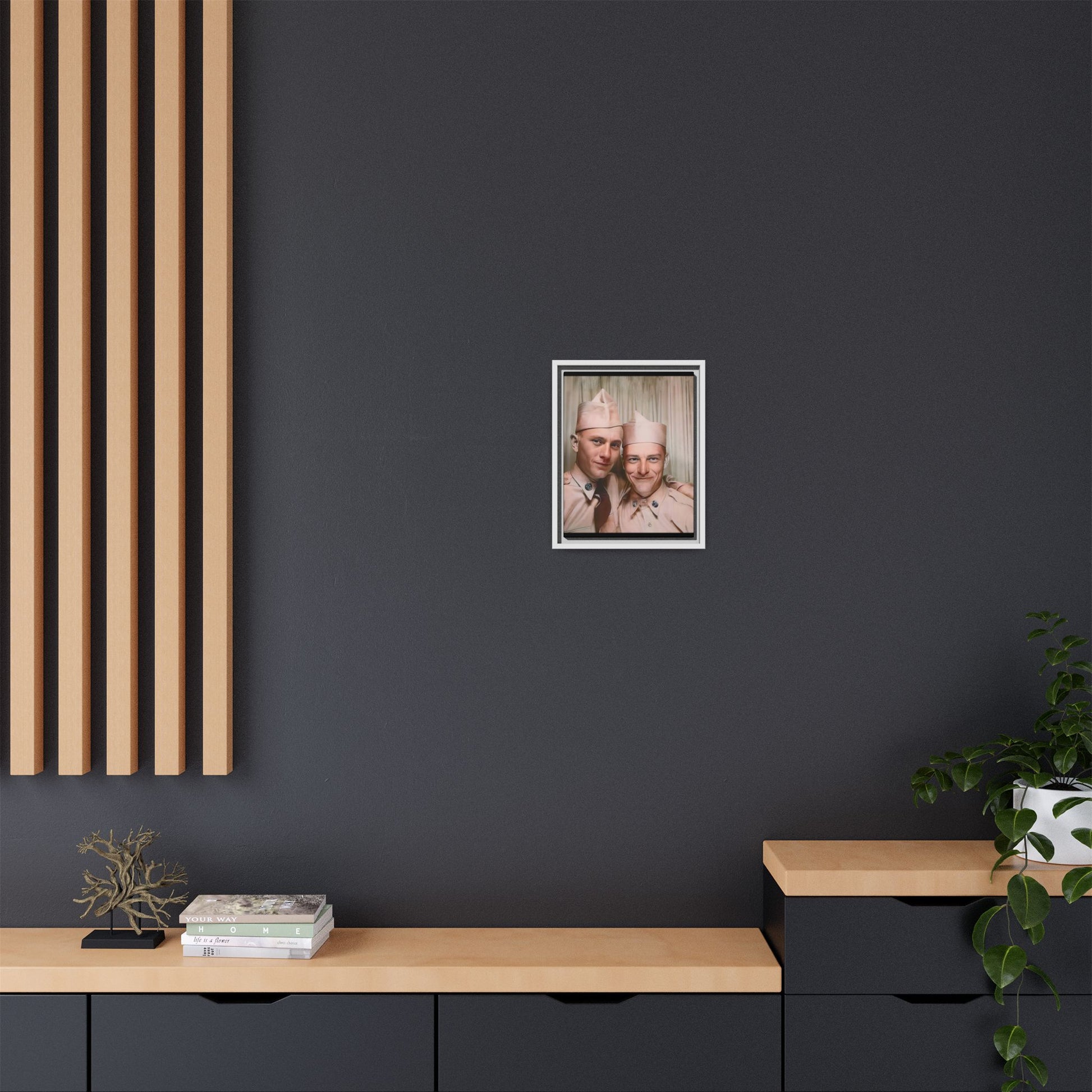 A framed vintage army portrait on matte canvas featuring two soldiers at Puget Sound Naval Shipyard, symbolizing friendship and service. Gay Couple Photo Booth