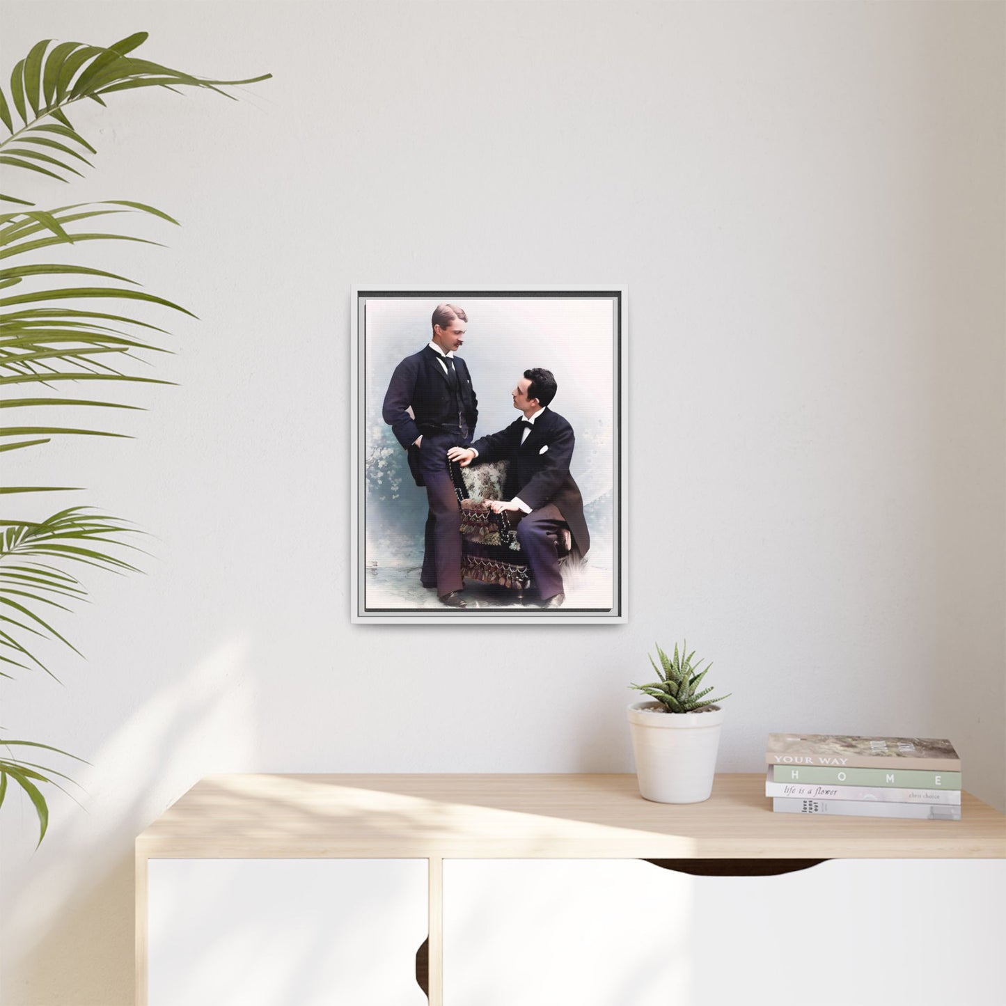 A beautifully restored vintage portrait of Ernest & Richard in Wilmington, North Carolina, exuding elegance and deep connection. Dressed in refined suits, their poised expressions capture a timeless LGBTQ+ love story, making this framed matte canvas print a stunning historical art piece for collectors and enthusiasts.