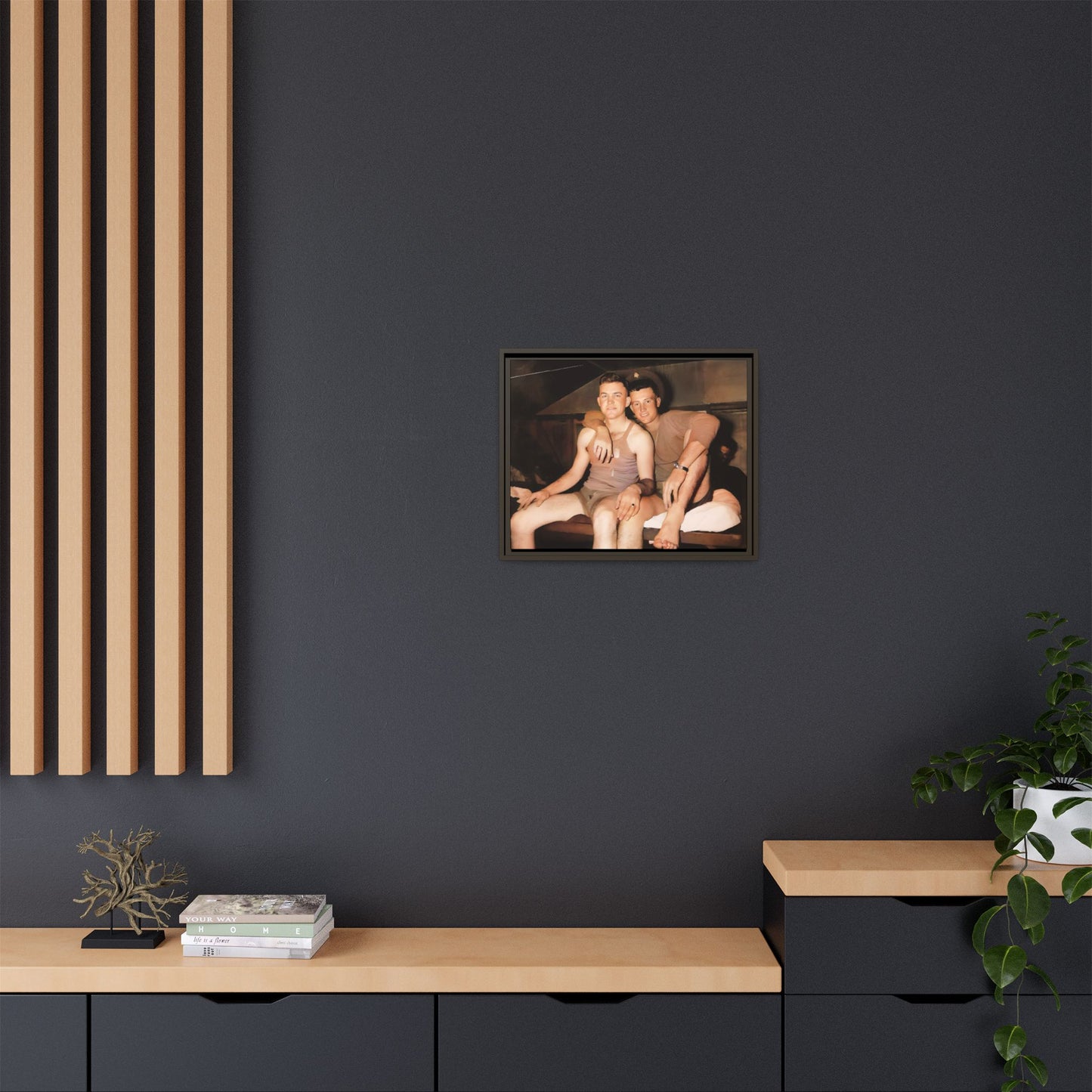 Barracks, Oahu. This framed canvas print honors LGBTQ+ history, military camaraderie, and timeless love, making it a unique and meaningful piece for collectors and history enthusiasts.