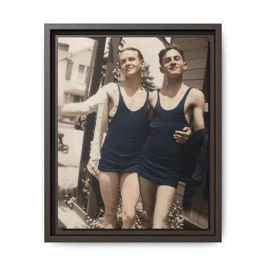 Historical outdoor portrait with two men in dark bathing suits and wooden structure