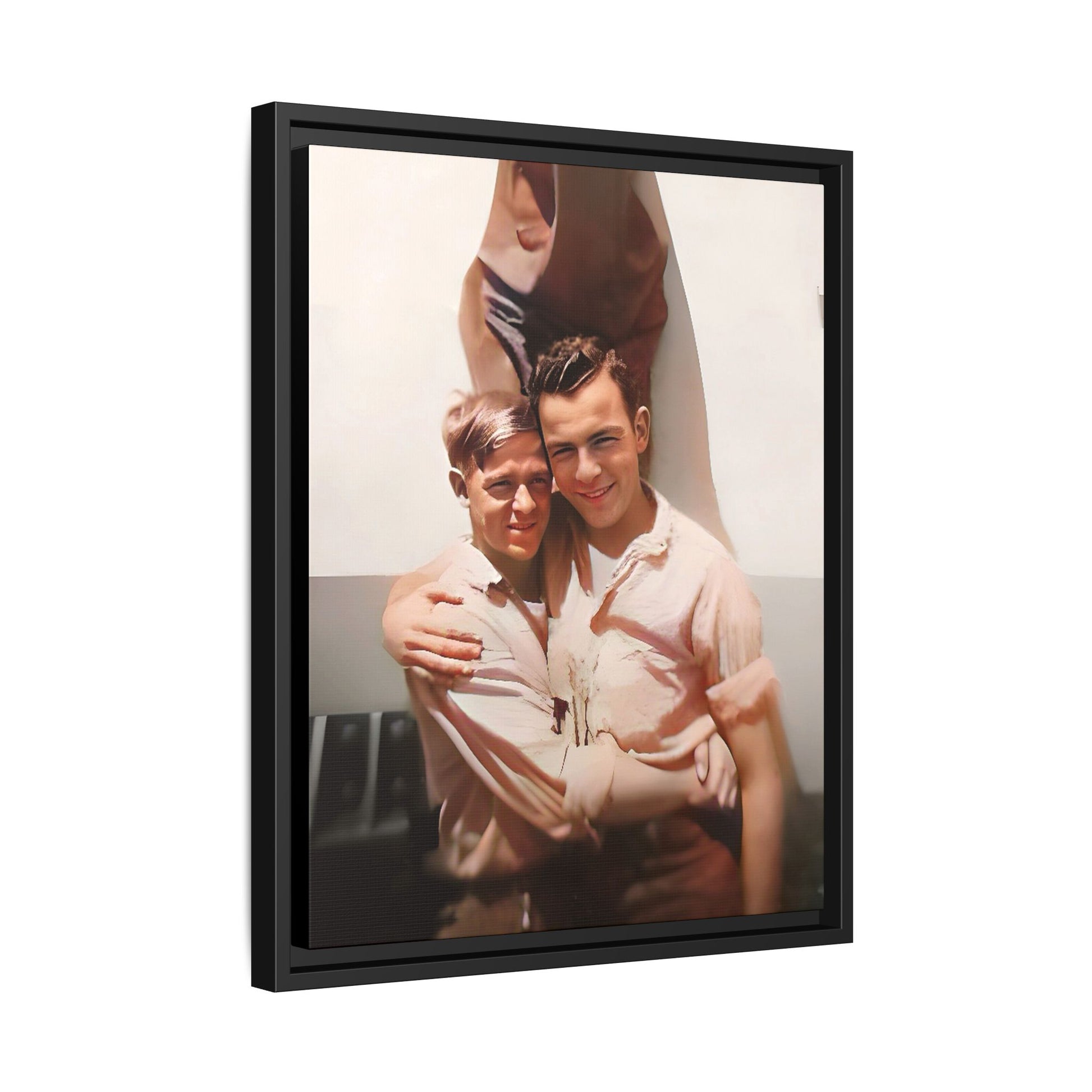 A framed vintage WWII-era portrait on matte canvas featuring Walter and Paul at Camp Shanks, NY, capturing love and resilience during wartime. Gay Couple