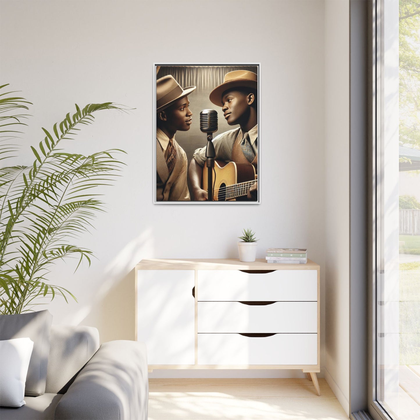 Artwork of an African-American gay couple recording a song in a 1930s-style studio. Dressed in vintage attire with fedoras and ties, they share a close, tender moment around a classic microphone, capturing love, music, and cultural heritage in a nostalgic setting