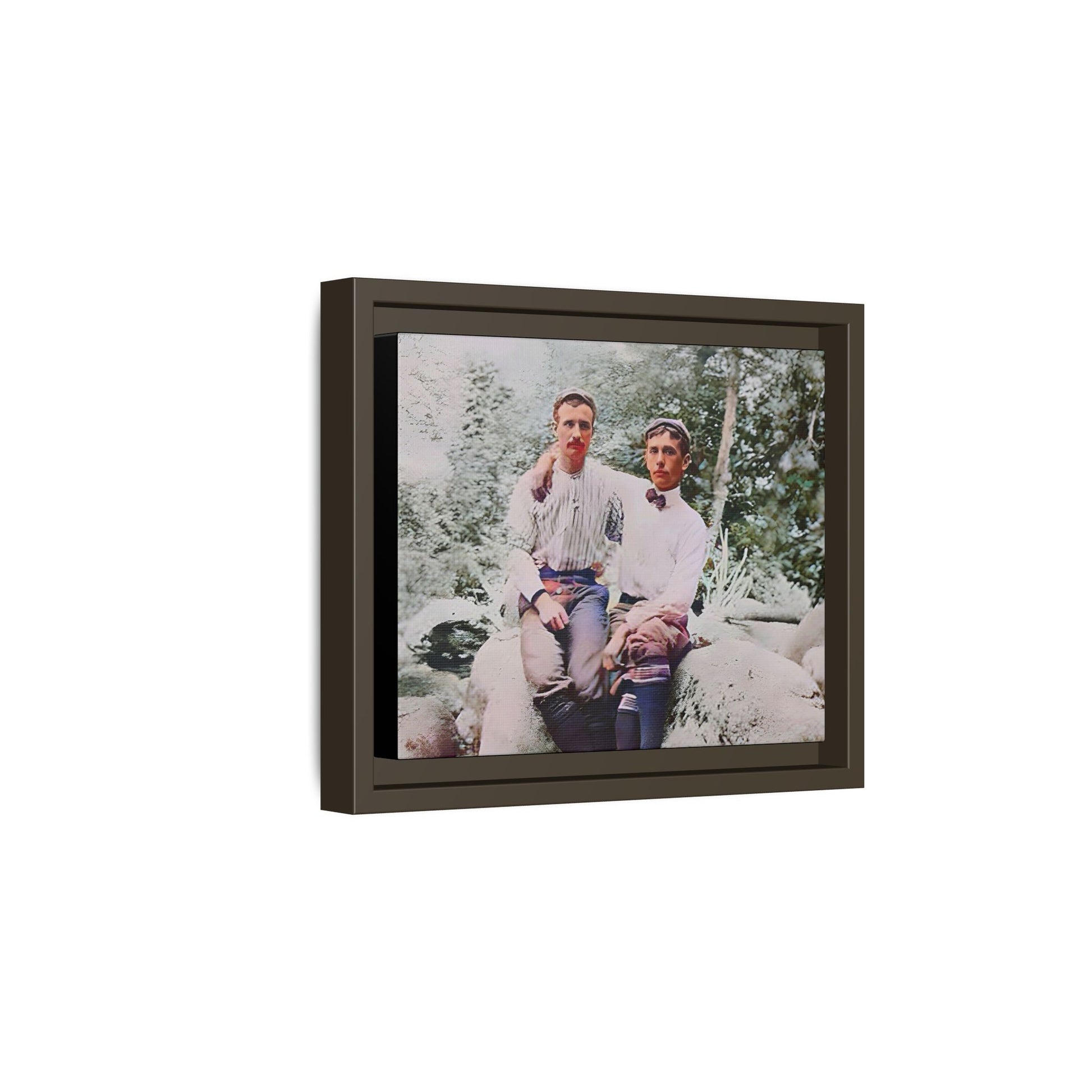 A framed vintage love portrait on matte canvas featuring Grover and Emil in Villamont, Virginia, capturing timeless LGBTQ+ connection and companionship. Gay Couple