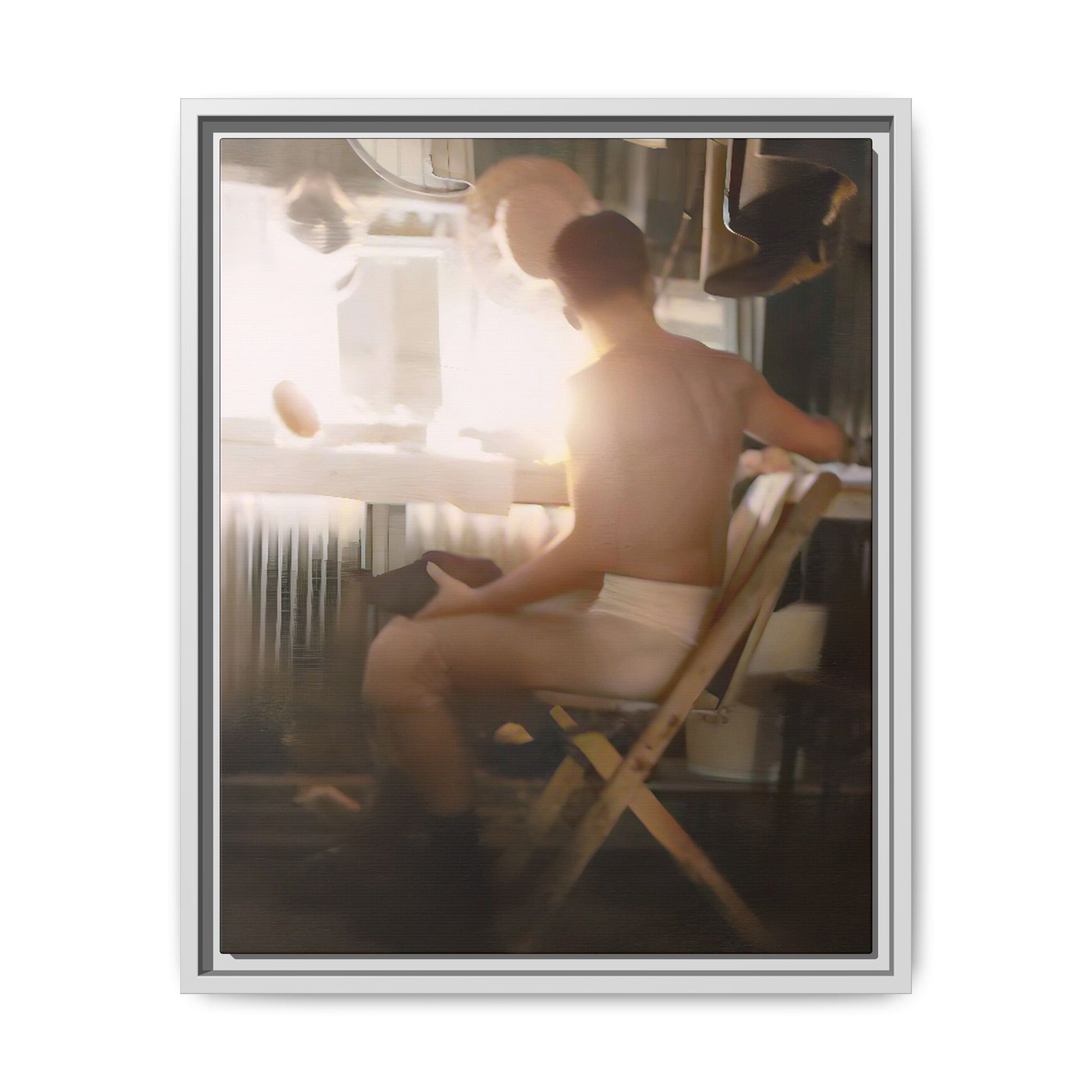 A vintage Hollywood portrait of Hugh in a backstage dressing room. This framed canvas print captures the elegance and mystique of old Hollywood, making it the perfect cinematic decor for film lovers and vintage photography collectors.