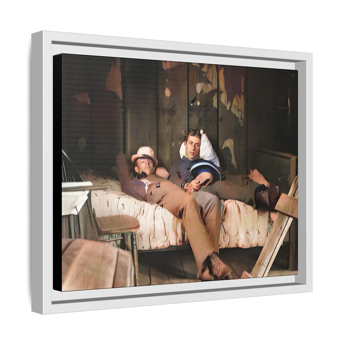 A vintage portrait of Henry & Joseph in a rustic Oregon cabin. This framed matte canvas captures LGBTQ+ history, love, and the beauty of a quiet, intimate moment, making it a timeless and meaningful addition to any collection or home. Gay Couple in bed.