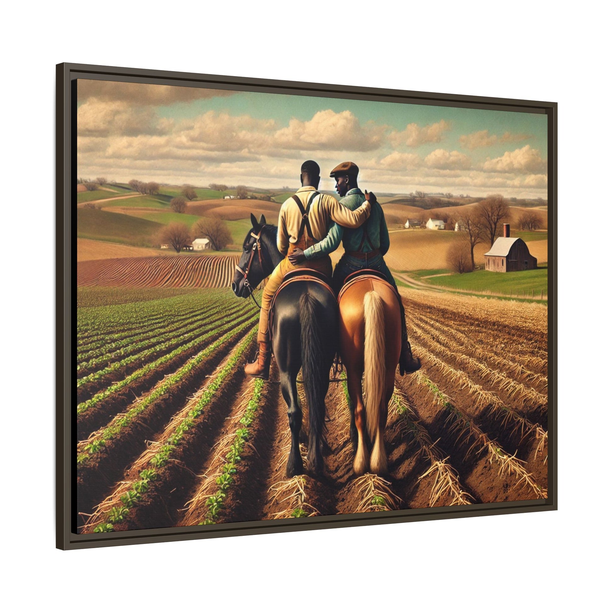 Artwork of an African-American gay couple riding horseback through expansive farmland, sharing a tender moment as they overlook lush fields. Dressed in rugged vintage attire, this scene captures resilience, love, and the charm of rural life, celebrating LGBTQ+ history and African-American heritage.