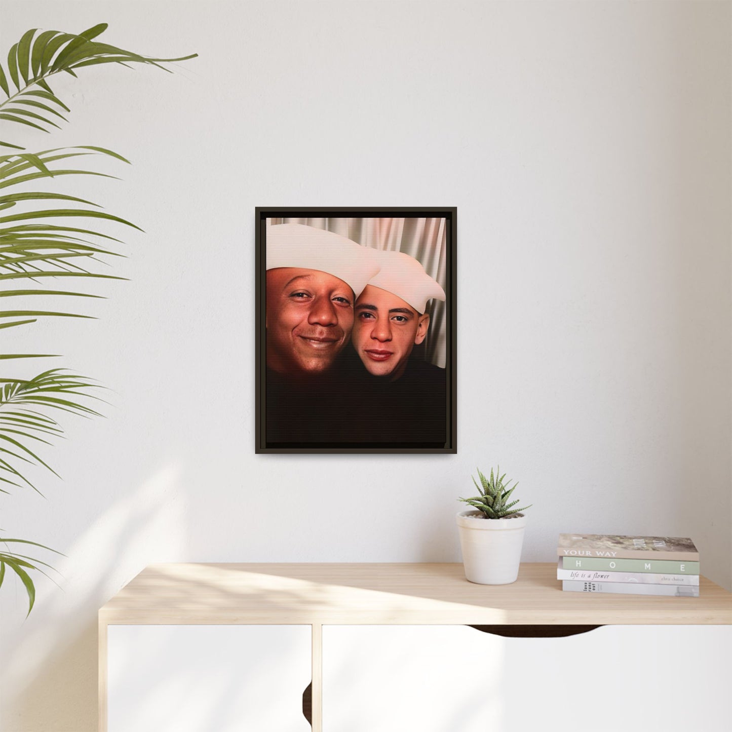 Restored vintage photo of Arthur & Marvin, WWII-era gay sailors in a photo booth, Daytona Beach FL, framed canvas art.