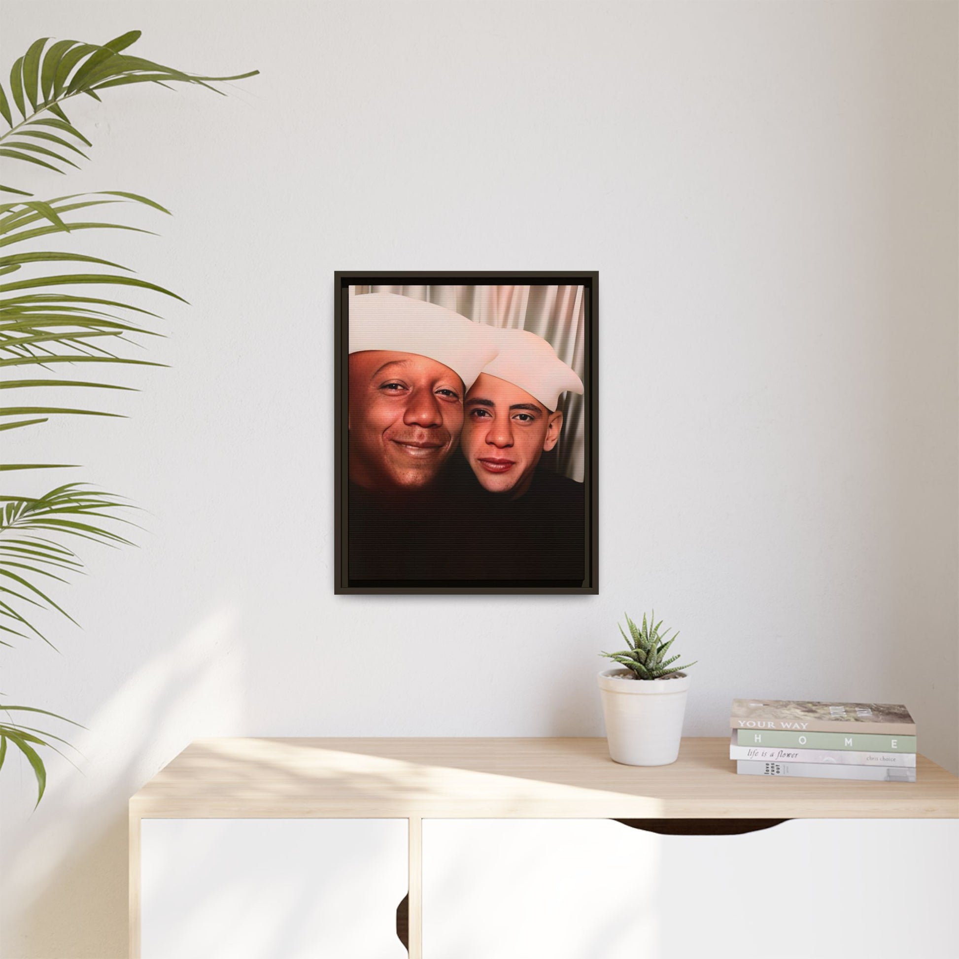 Restored vintage photo of Arthur & Marvin, WWII-era gay sailors in a photo booth, Daytona Beach FL, framed canvas art.