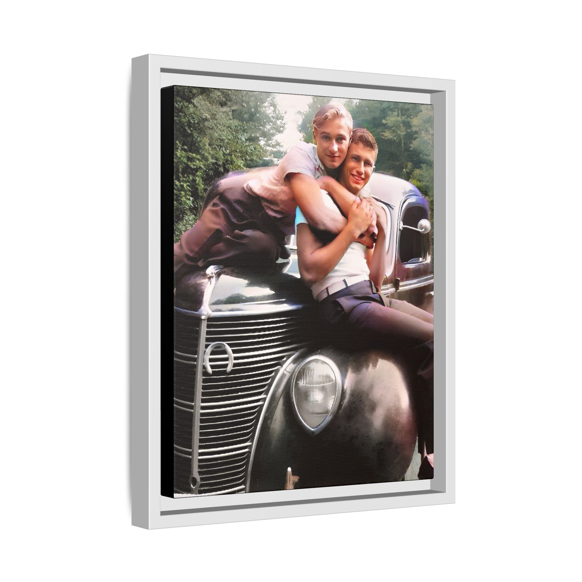 Vintage LGBTQ+ love portrait of Kent & Jamie in Watkins Glen, NY. A nostalgic moment on a classic car, now a museum-quality matte canvas print with handcrafted frame options. Perfect for collectors and those celebrating LGBTQ+ history. Gay Couple