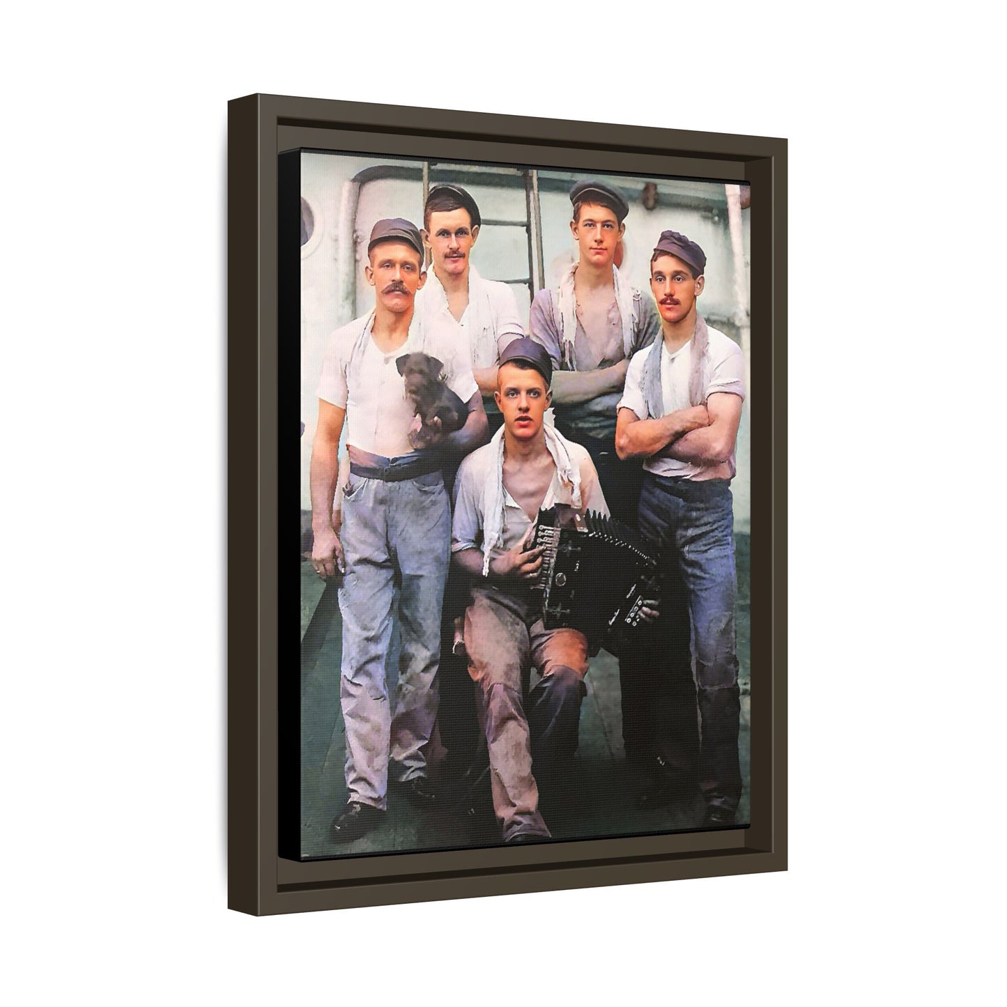A vintage maritime photograph printed on matte canvas, featuring sailors aboard the Waimarino Cargo Ship, highlighting companionship, tradition, and the spirit of life at sea.
