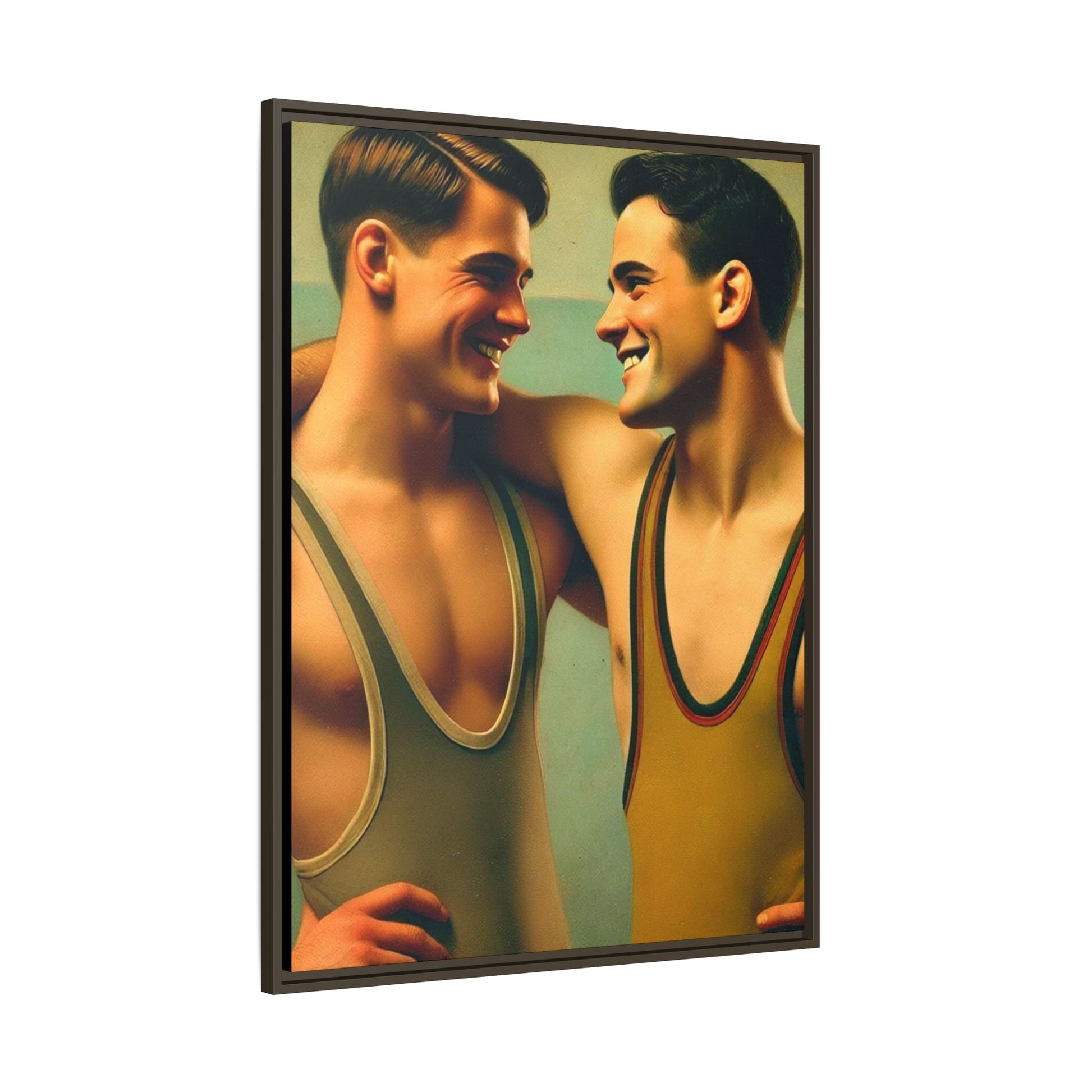 Framed artwork of two young wrestlers in vintage singlets sharing a candid moment, inspired by Grant Wood's Regionalist art style.