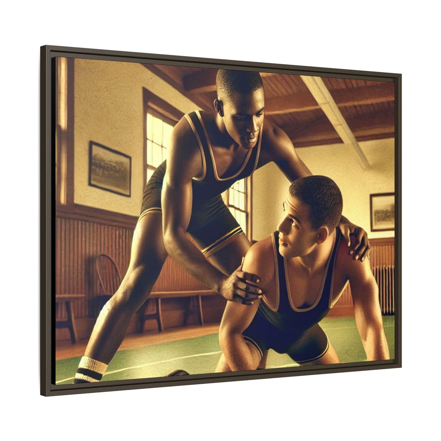 Framed canvas artwork inspired by Grant Wood featuring African-American and European-American wrestlers in a vintage gymnasium. A tribute to unity, diversity, and regionalist art.