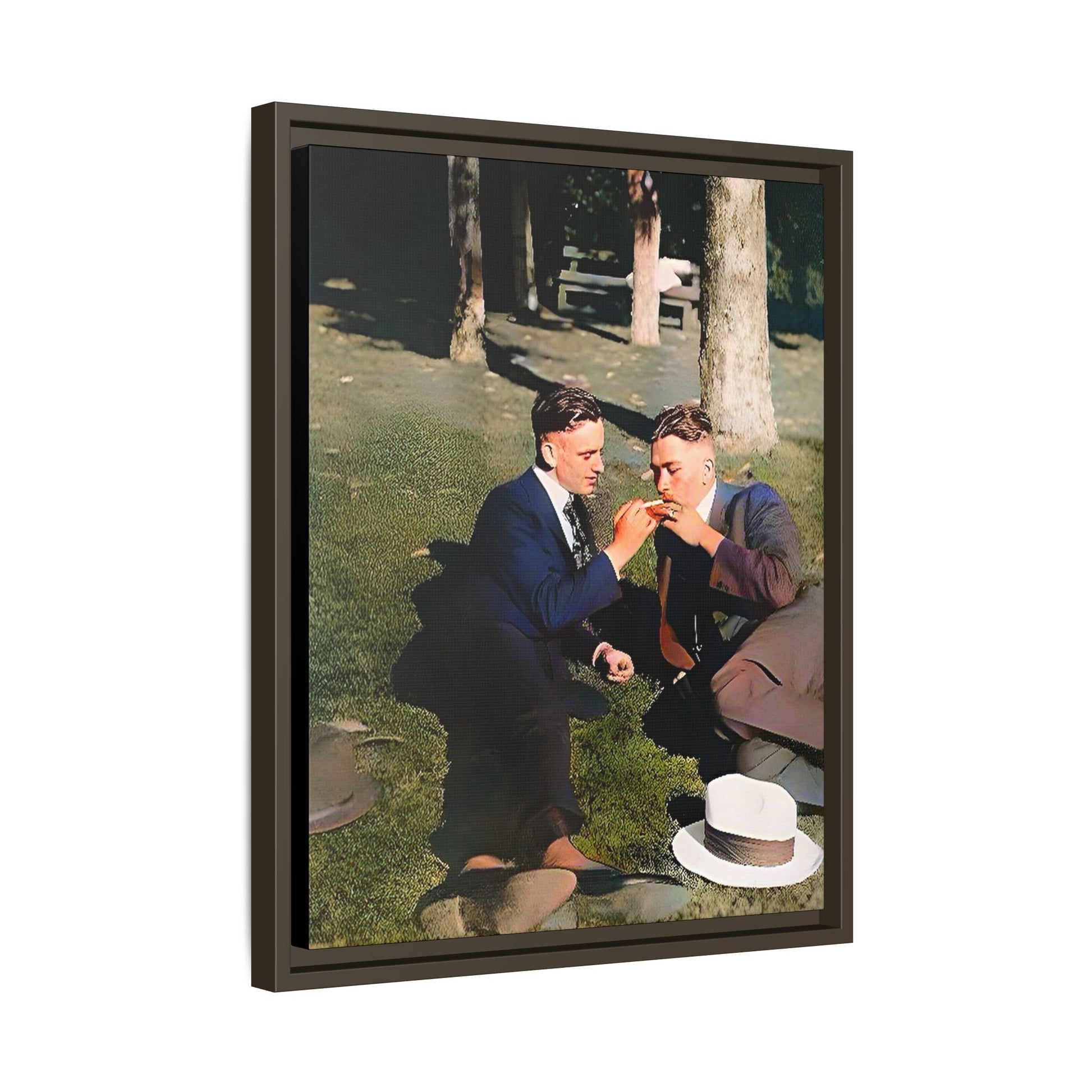 A framed vintage portrait on matte canvas featuring Oscar and Iván in Central Park, Manhattan, capturing timeless love and 1920s elegance. Gay Couple Queer History