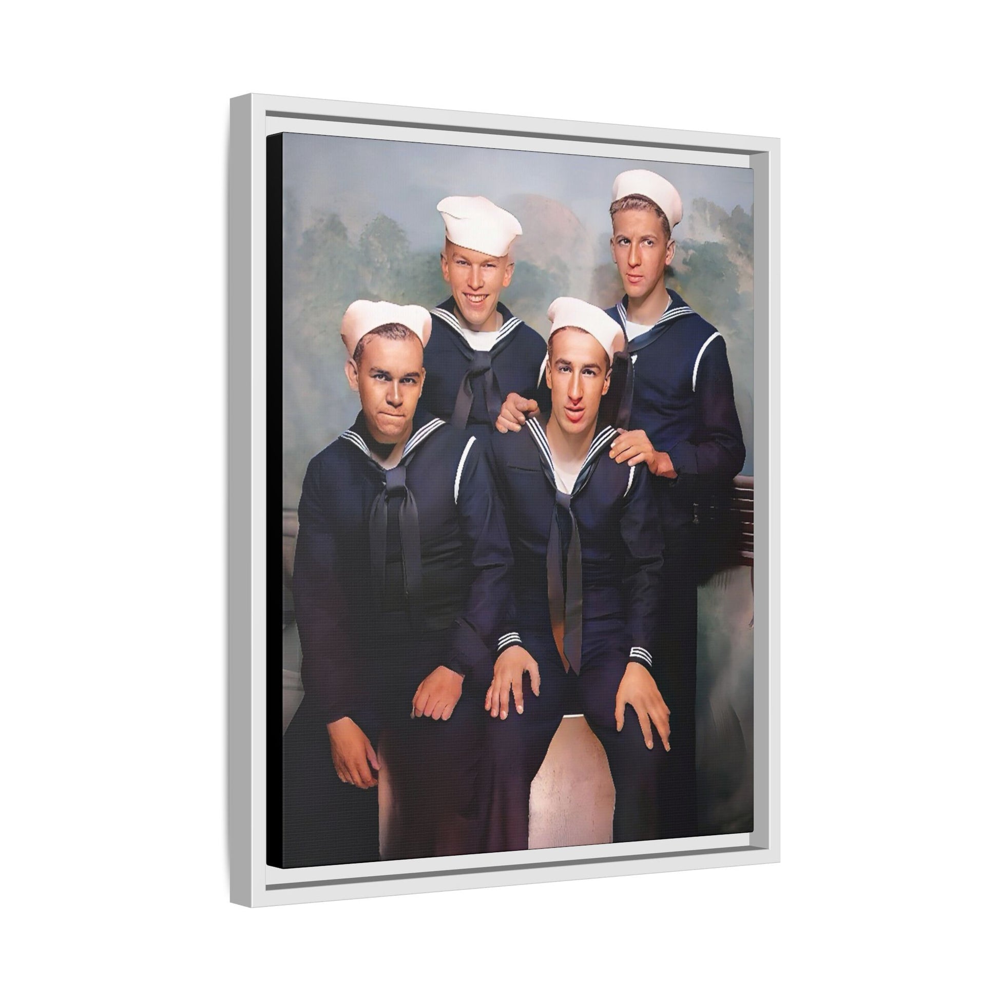 A framed vintage naval portrait on matte canvas featuring four sailors at Naval Station Great Lakes, capturing unity, service, and military pride.