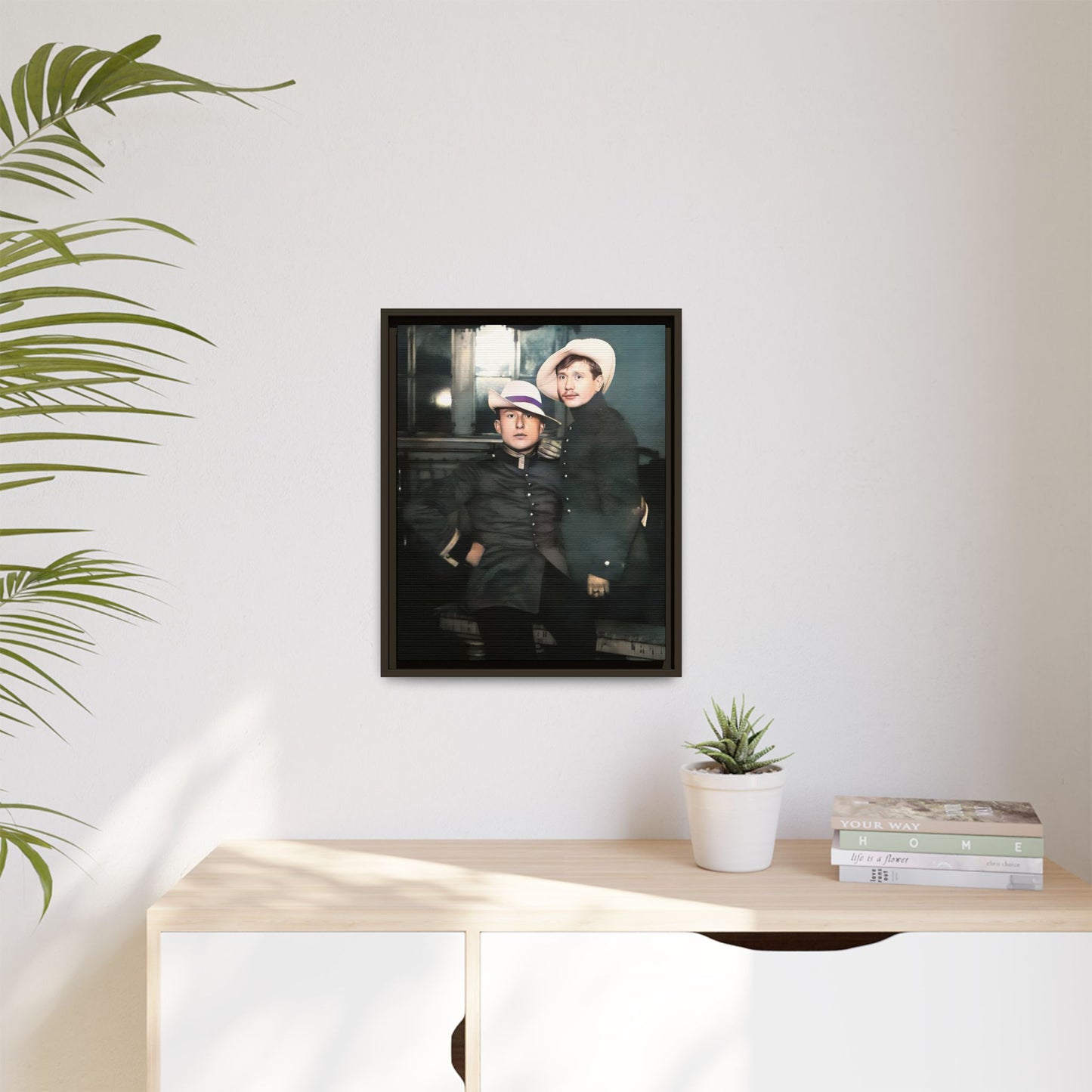 Restored vintage photograph of Flavio and Eustolio, an early 20th-century Gay military couple from El Paso, Texas. Displayed as a framed matte canvas print, showcasing timeless love and resilience