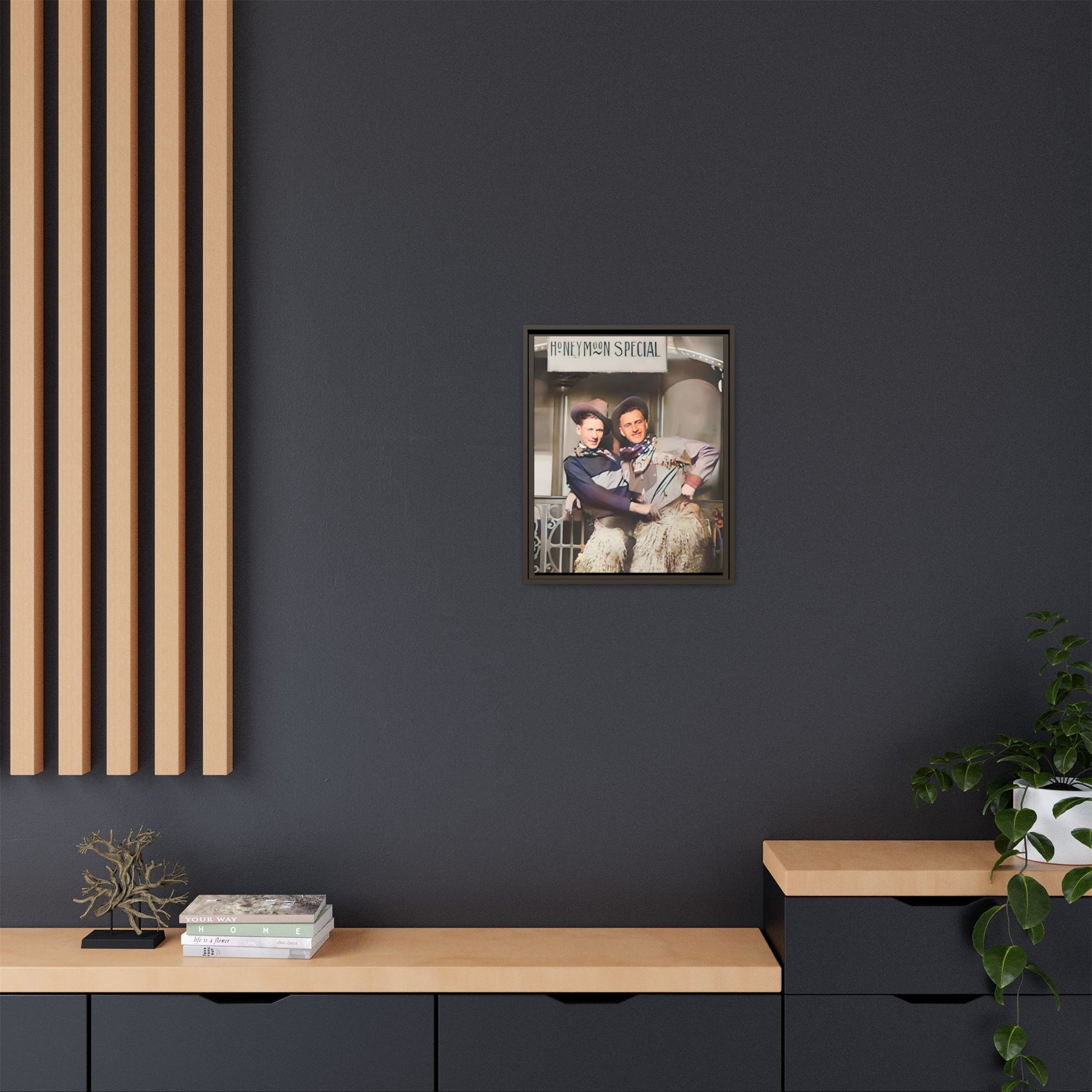 Vintage portrait of Harry & Earl in whimsical cowboy attire under the "Honeymoon Special" sign, set in 1920s San Antonio. Framed matte canvas art celebrating LGBTQ+ love and rustic Americana charm. Perfect for history enthusiasts and rustic decor lovers. Gay Marriage Wedding Gift
