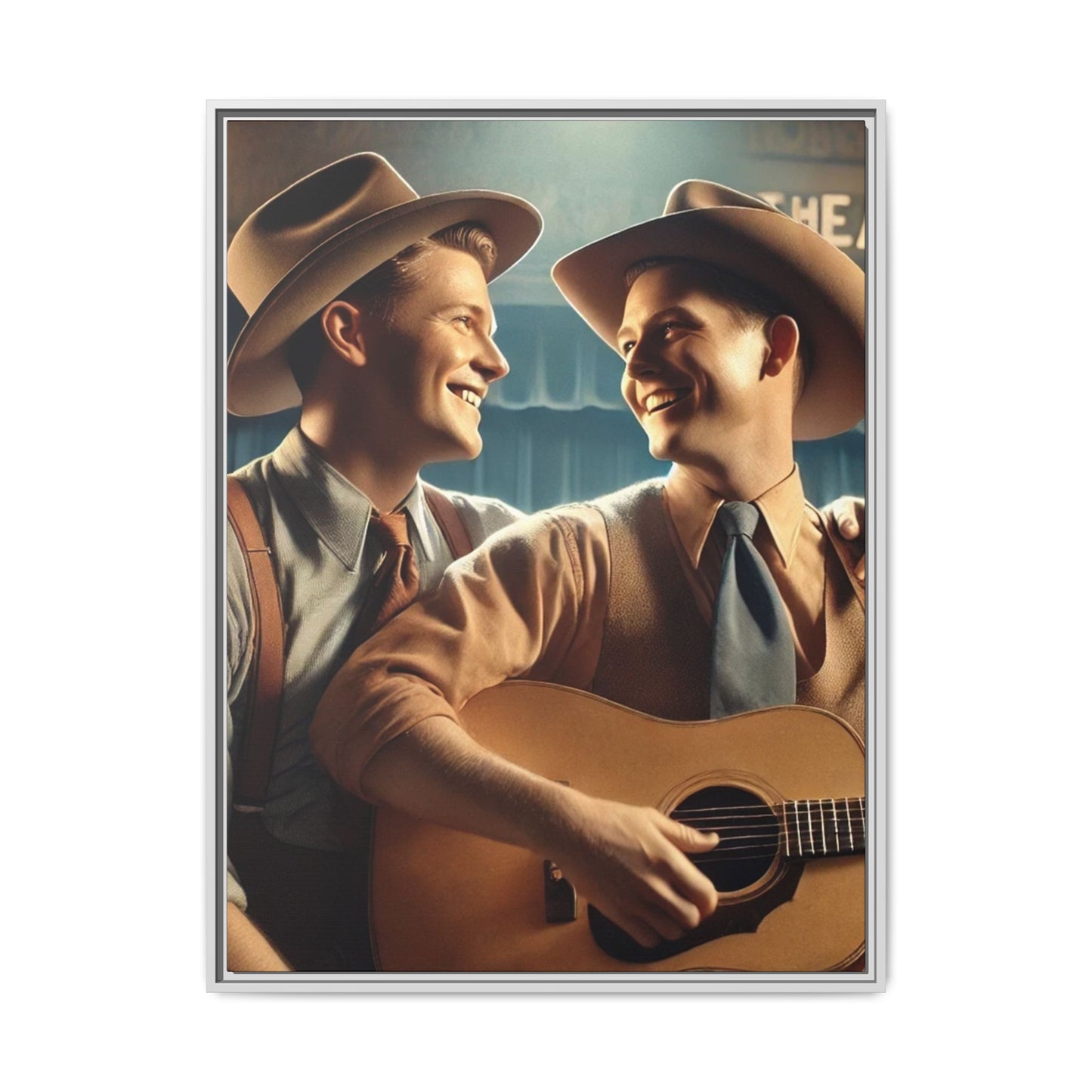 Artwork of a gay couple recording a country-western song in a 1930s-style studio. Dressed in classic Western attire with wide-brimmed hats and button-up shirts, the two men share an affectionate gaze, capturing love and unity in a nostalgic, vintage setting.