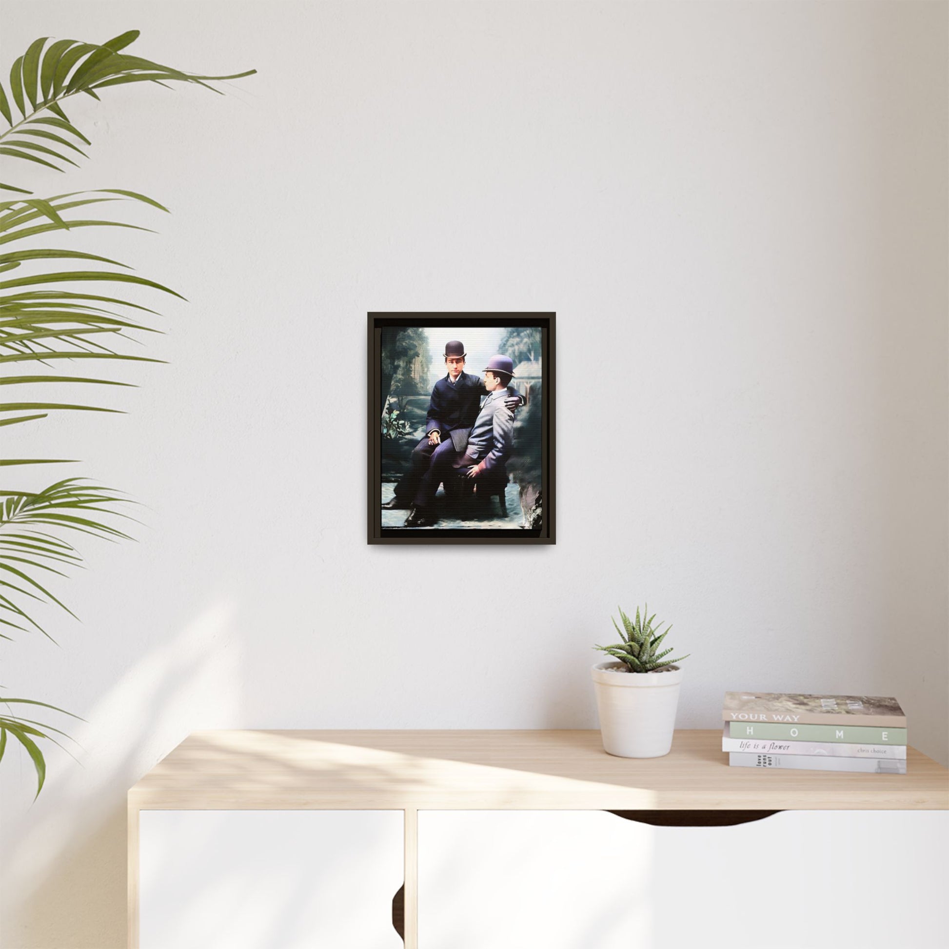 Restored 1800s photo of Cash & Arwood, Irish gay couple in loving pose, framed canvas print