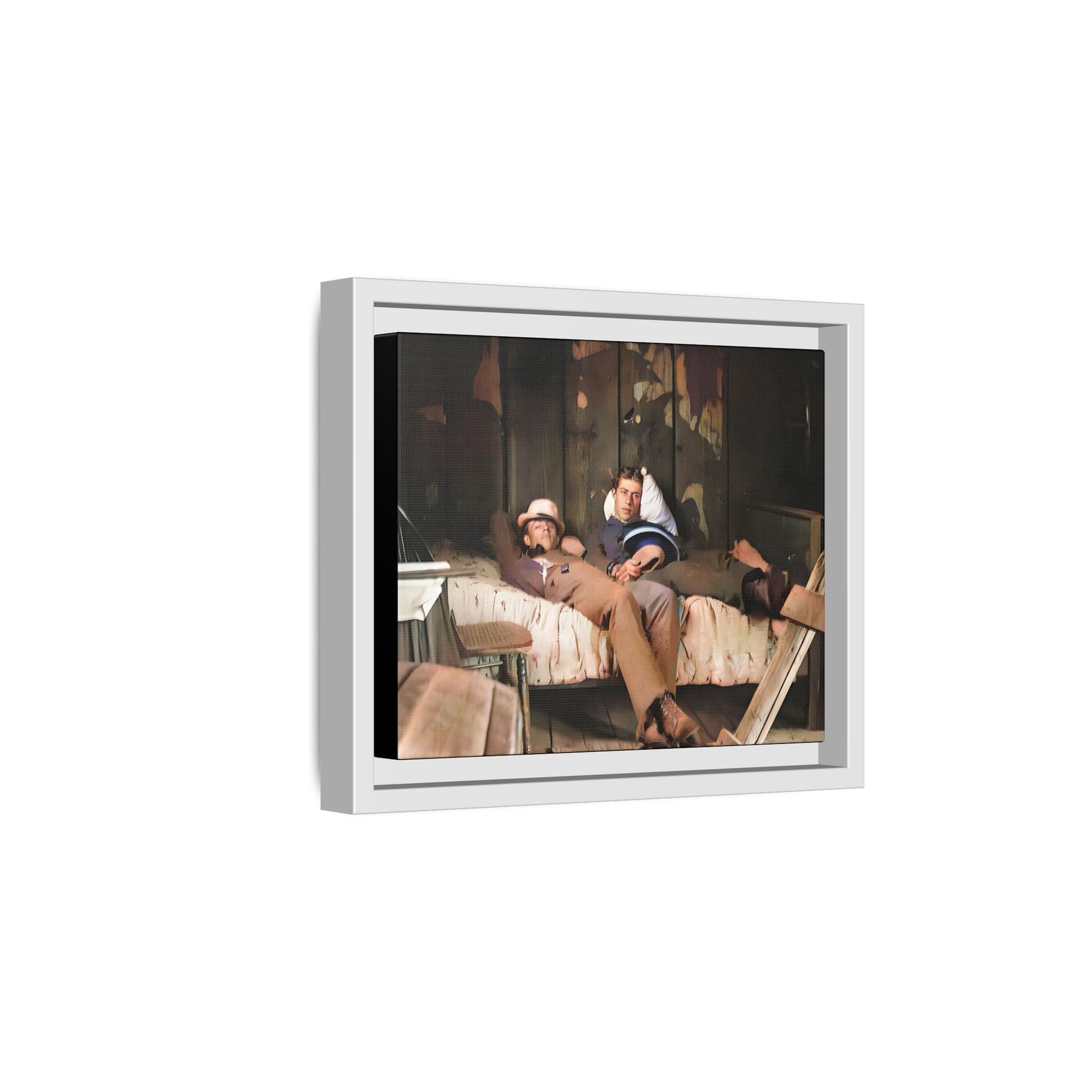 A vintage portrait of Henry & Joseph in a rustic Oregon cabin. This framed matte canvas captures LGBTQ+ history, love, and the beauty of a quiet, intimate moment, making it a timeless and meaningful addition to any collection or home. Gay Couple in bed.