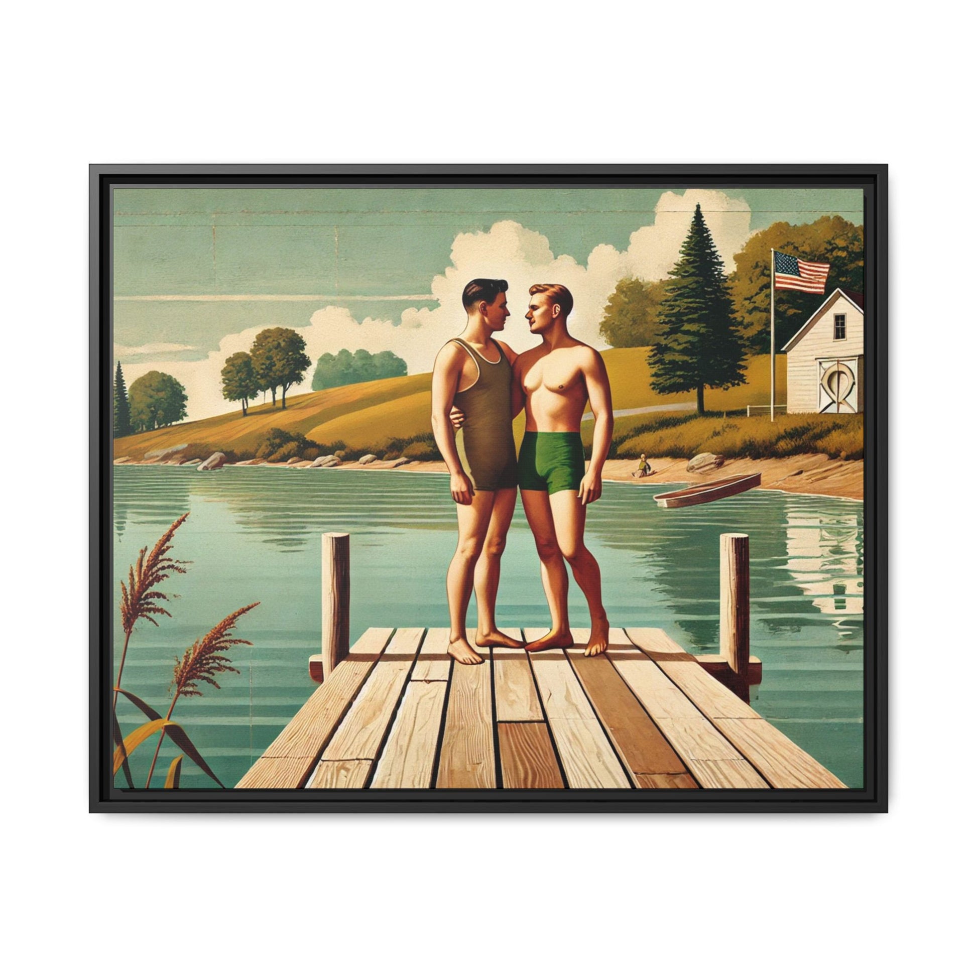 Framed artwork of a gay couple sharing a tender moment on a wooden dock by a peaceful lake, dressed in vintage swimwear. Set against rolling hills and a lakeside cabin, this nostalgic scene honors LGBTQ+ love in a serene Midwestern summer setting.