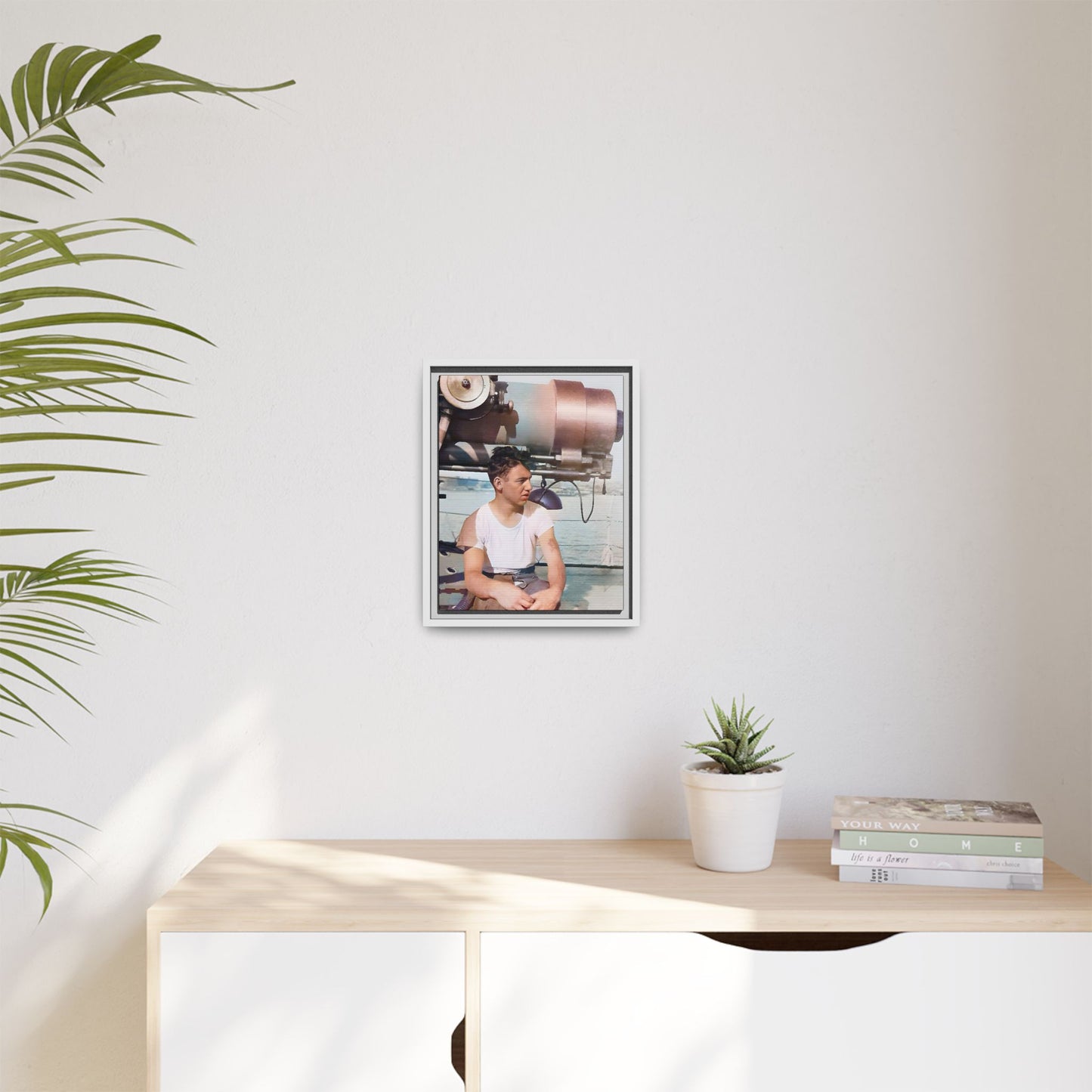 A restored vintage portrait of Harvey aboard the USS Oklahoma (BB-37). This framed matte canvas honors naval history, resilience, and service. Battleship Photo