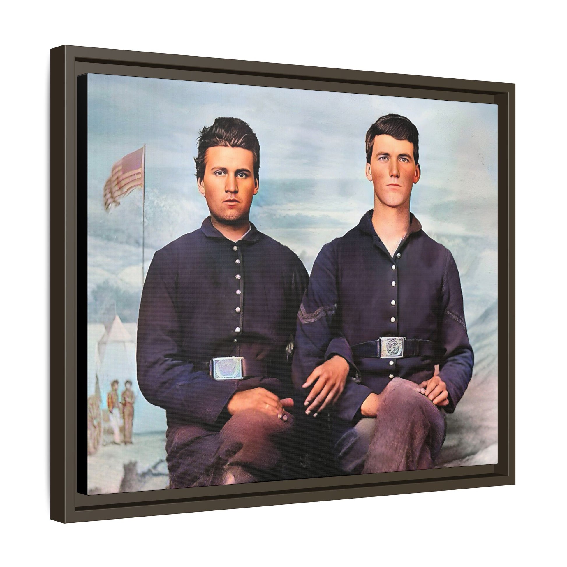 A framed vintage Civil War photo on matte canvas featuring two Union soldiers at Camp Curtin, honoring military history. Gay Couple