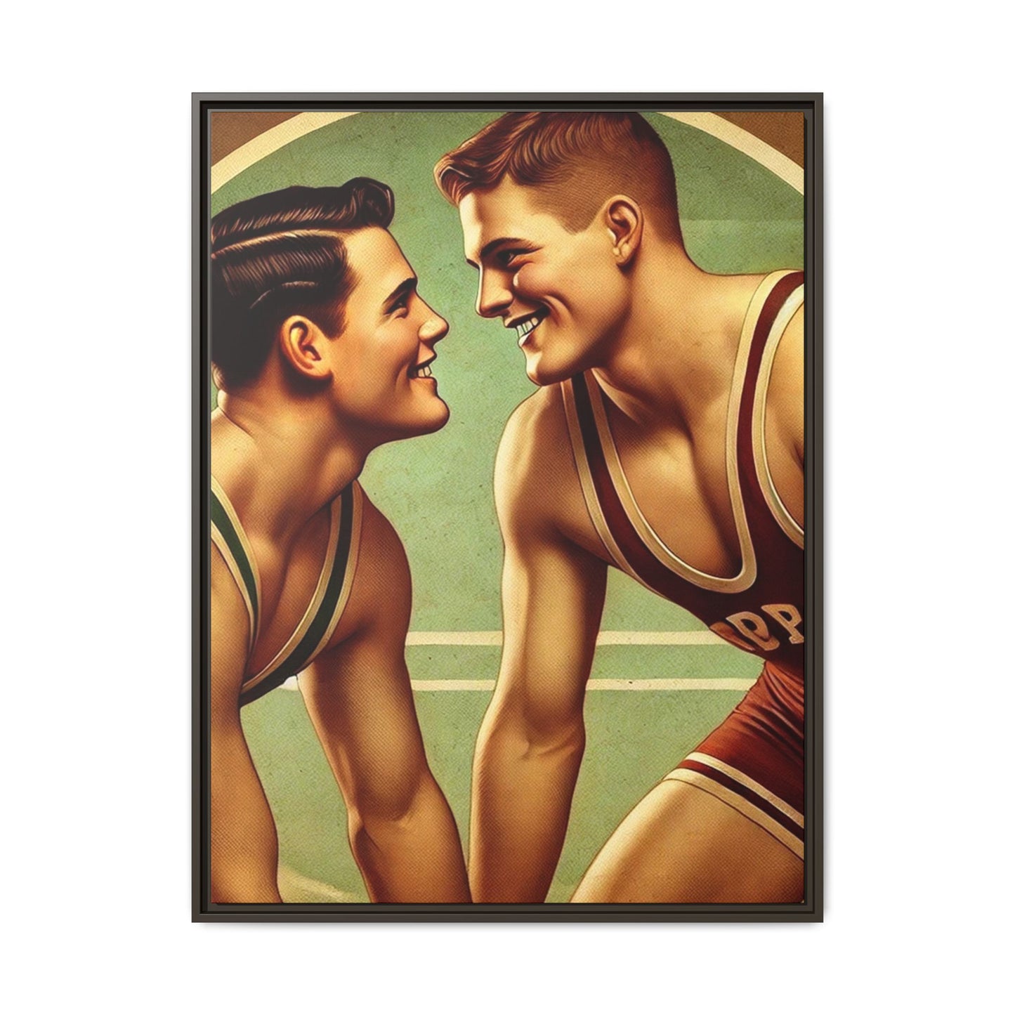 Framed artwork of two young wrestlers in vintage singlets on a stylized mat, inspired by Grant Wood's nostalgic Americana style.