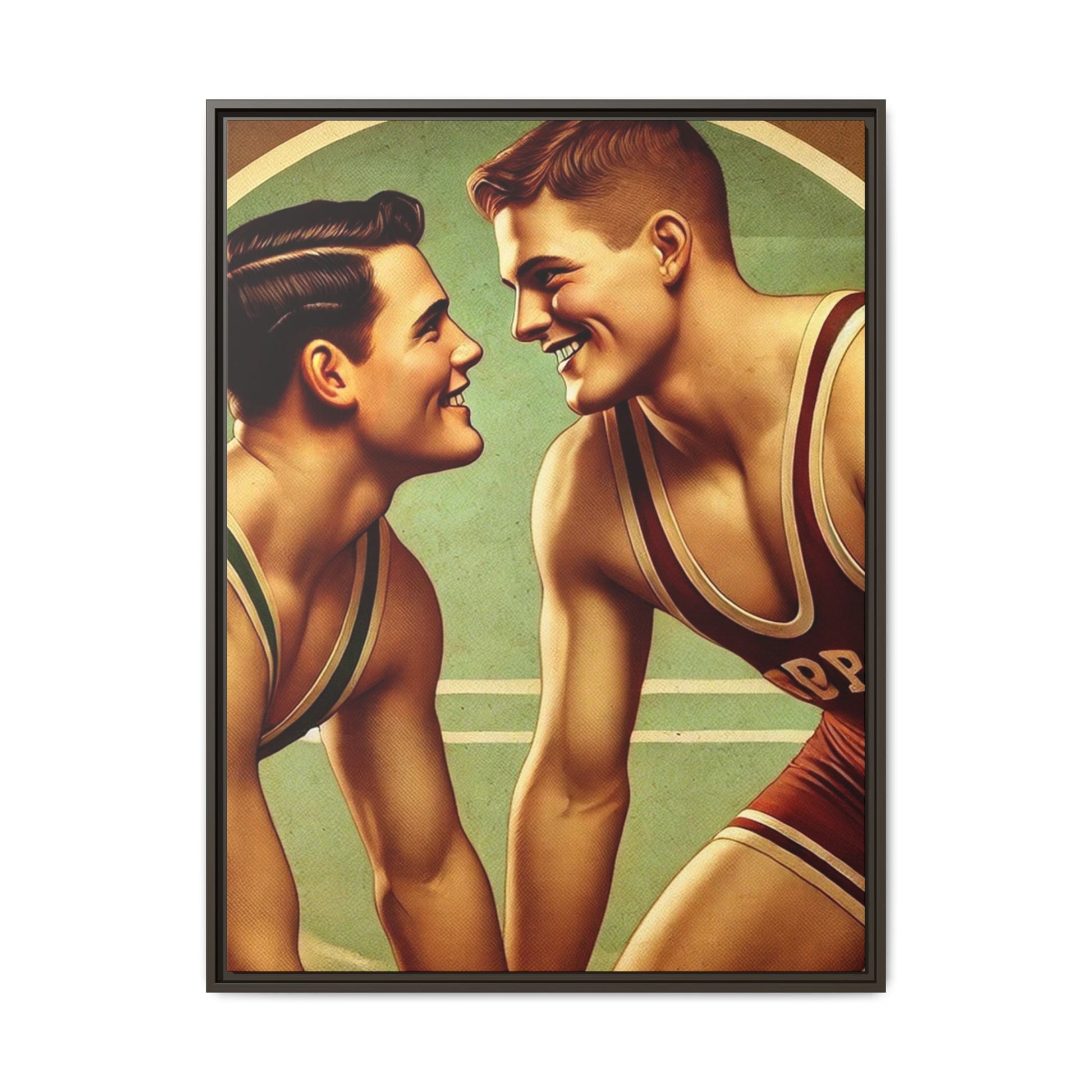 Framed artwork of two young wrestlers in vintage singlets on a stylized mat, inspired by Grant Wood's nostalgic Americana style.