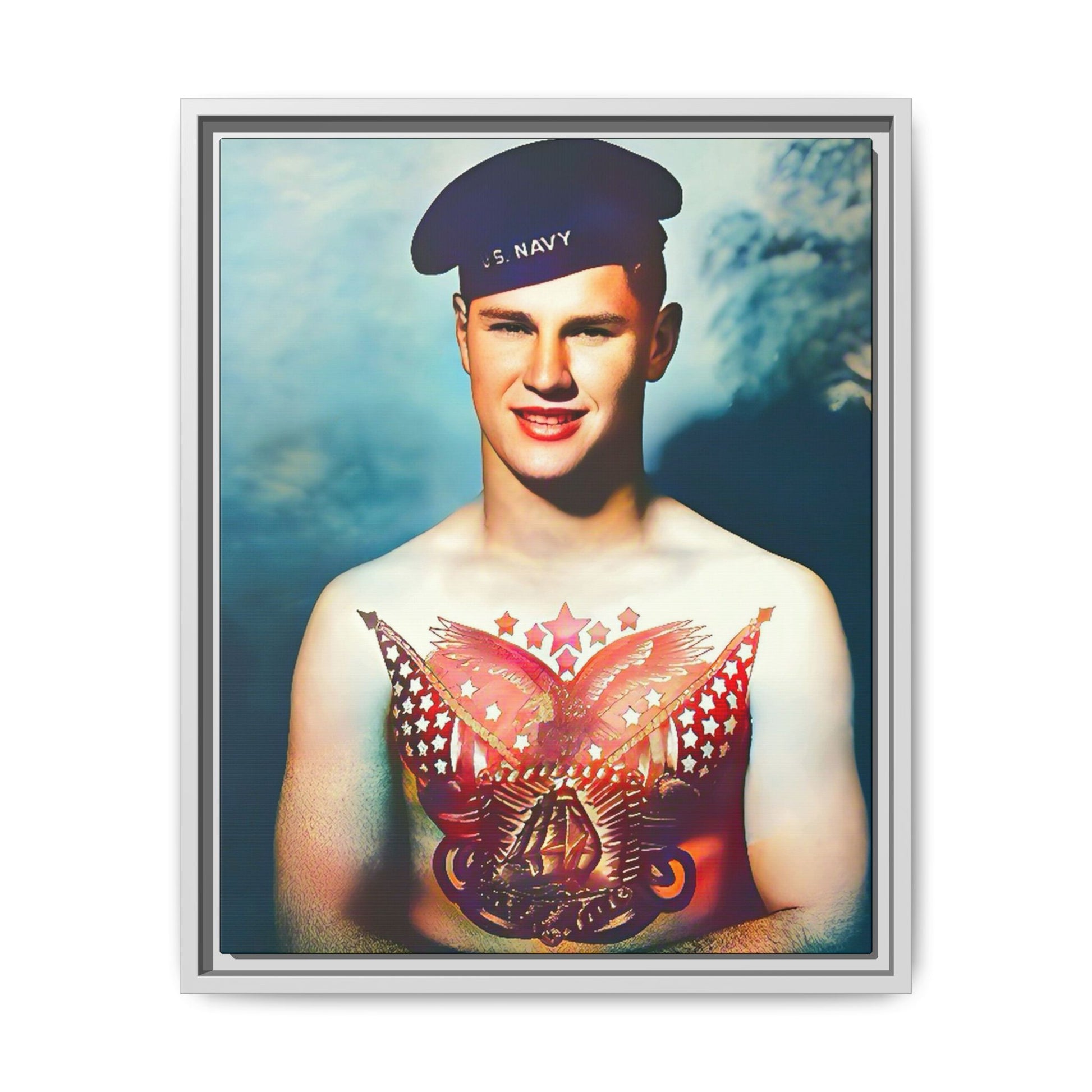 A striking vintage portrait of Charlie, a proud U.S. Navy sailor at Norfolk Navy Yard, showcasing a patriotic tattoo. This framed matte canvas print celebrates military history, individuality, and LGBTQ+ representation—perfect for collectors and history enthusiasts.